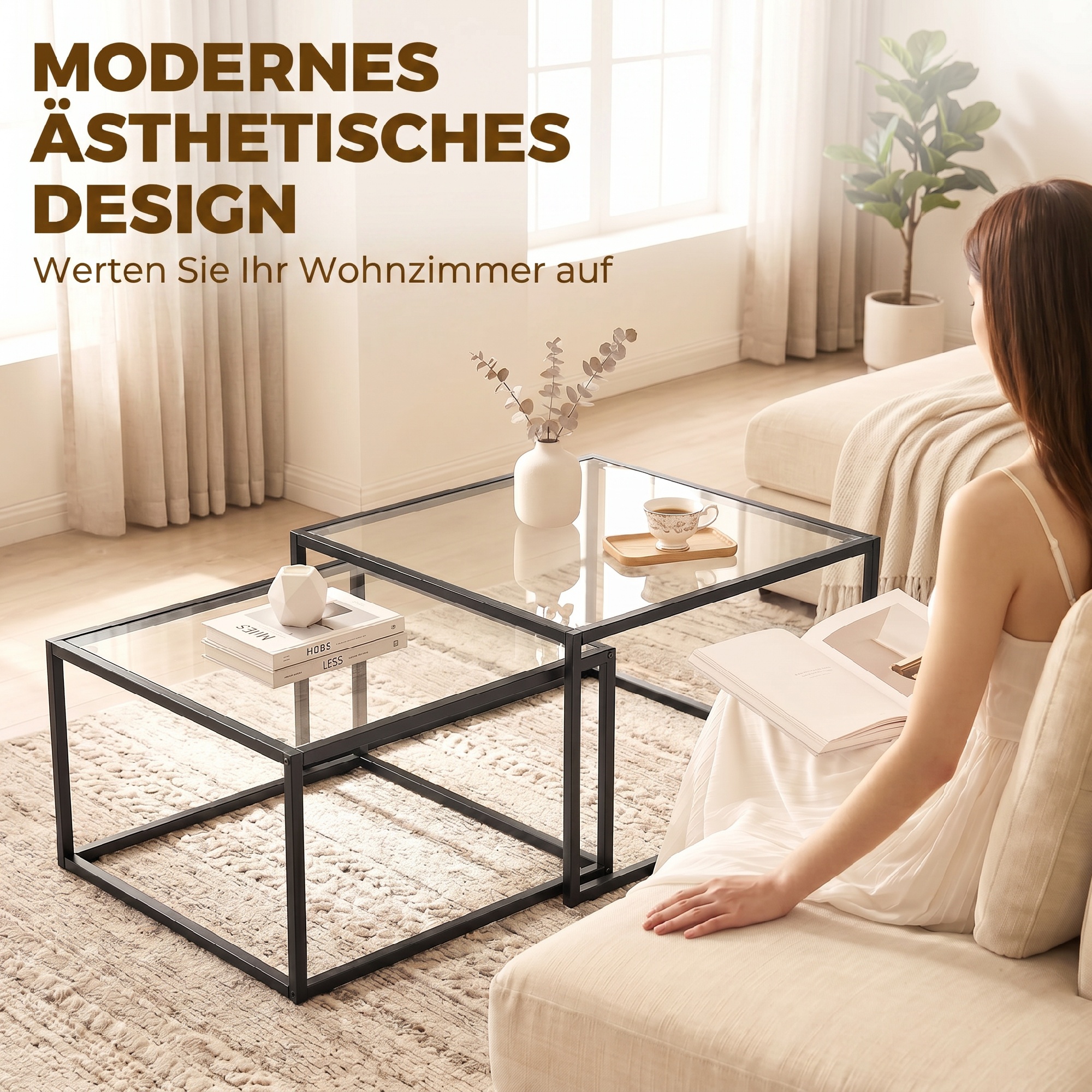 Couchtische 2er-Set Satztisch mit gehärteter Glasplatte und Metallrahmen, für Wohnzimmer Schwarz