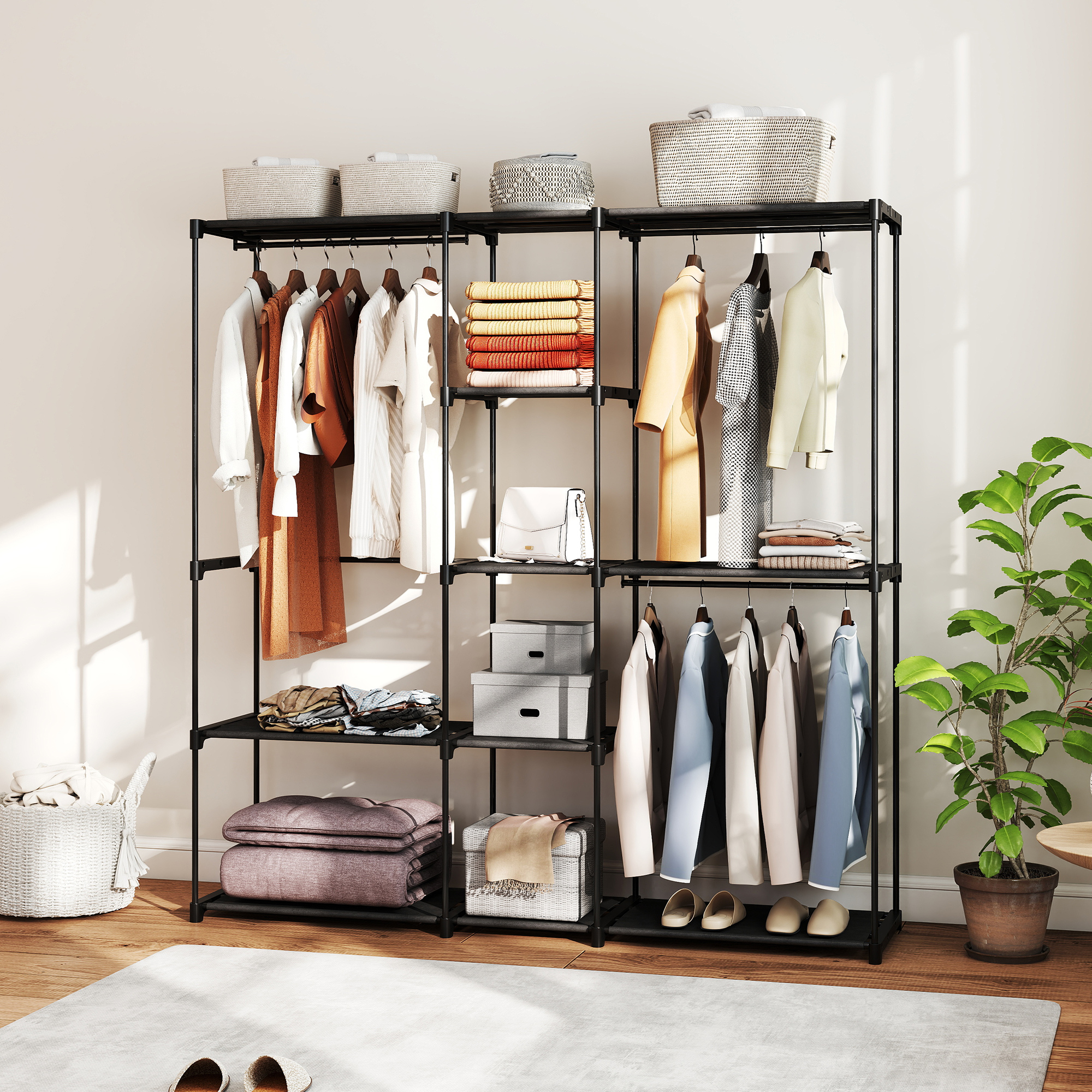 Kleiderschrank offen, 4 Stock Kleiderständer mit 2 Hängefächern für Wohnzimmer, 182 x 43 x 185 cm, Schwarz