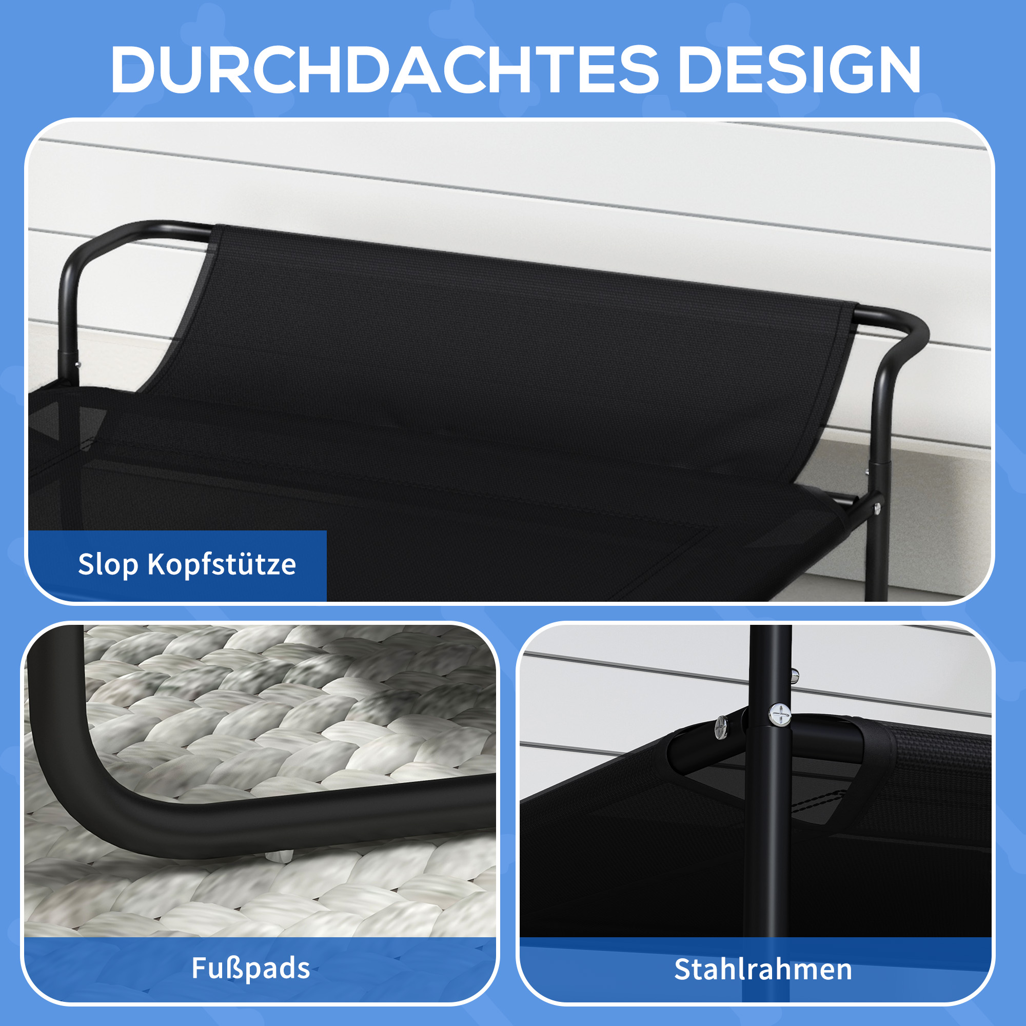 Hundebett, erhöhte Bauweise, Mesh-Bezug, Stahlrahmen, 29 x 91 x 69 cm, Schwarz