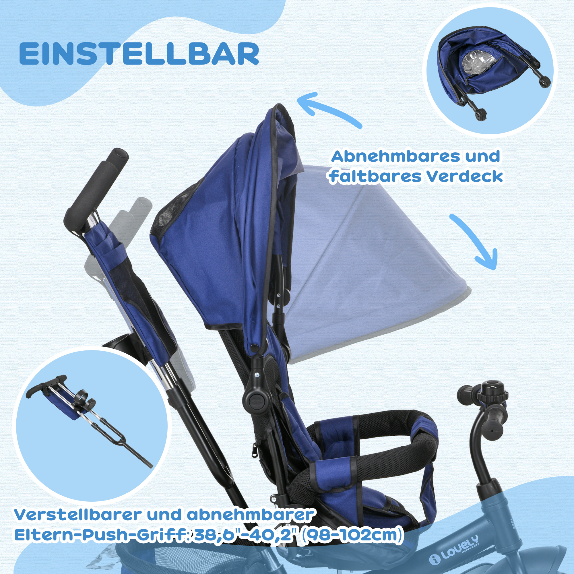Kinder-Dreirad, Kinderfahrrad, Rückenkorb, Becherhalter, Sonnendach, Metall, Dunkelblau