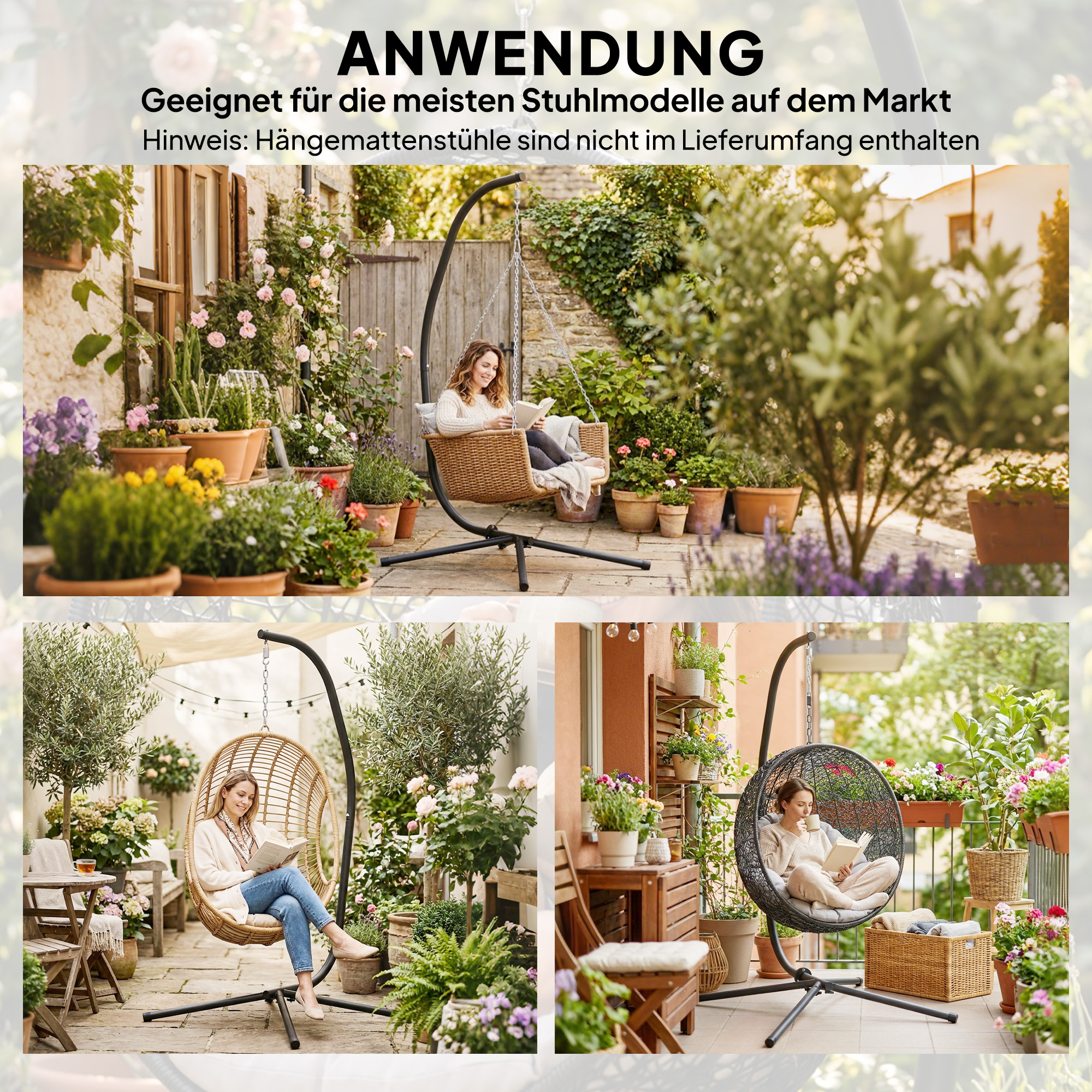 Gestell für Hängesessel in C-Form Höhenverstellbar Metall Ständer mit Aufhängungskette bis 150kg Schwarz