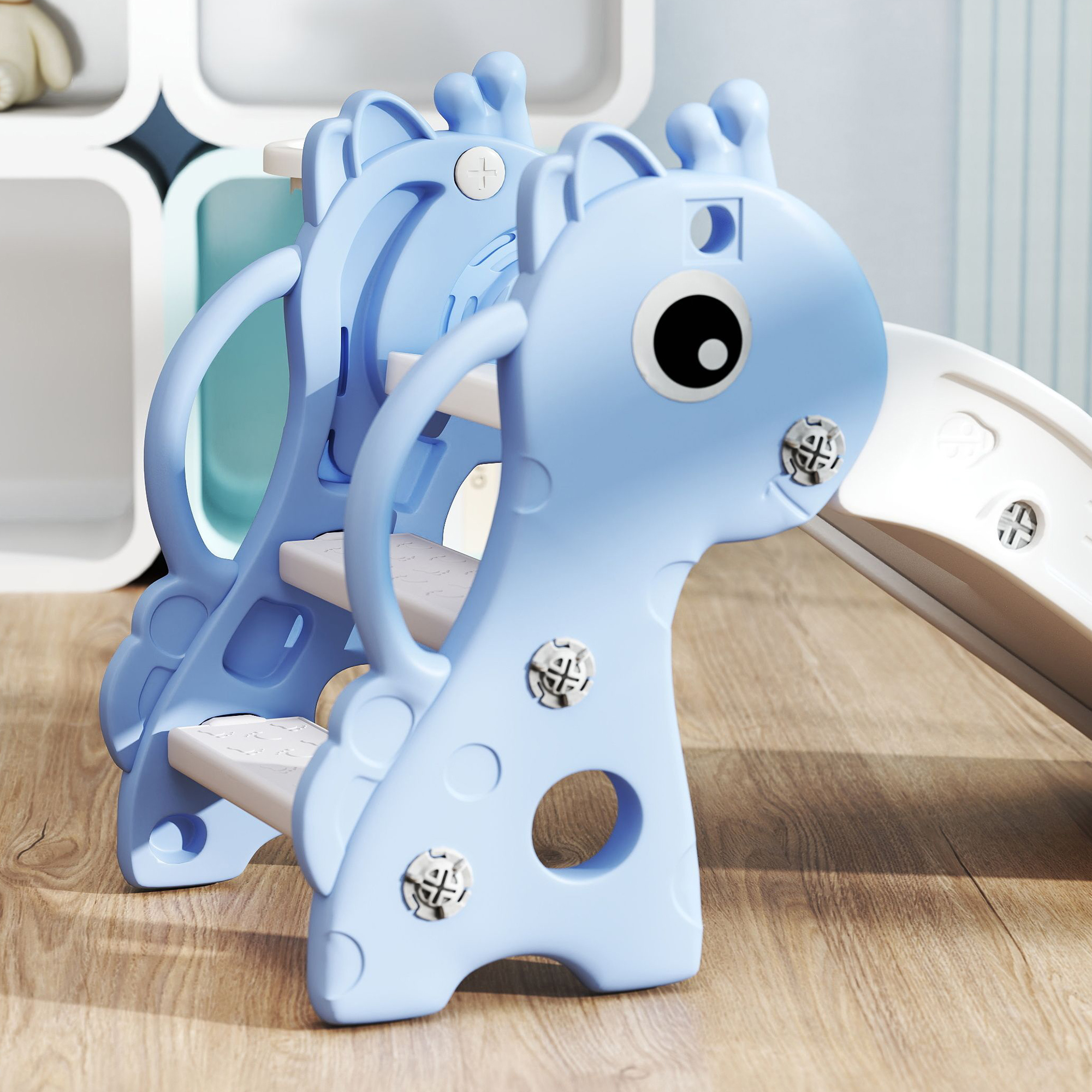 3-in-1 Rutsche für Kinder, Giraffenform, Basketballkorb, Ball, Blau