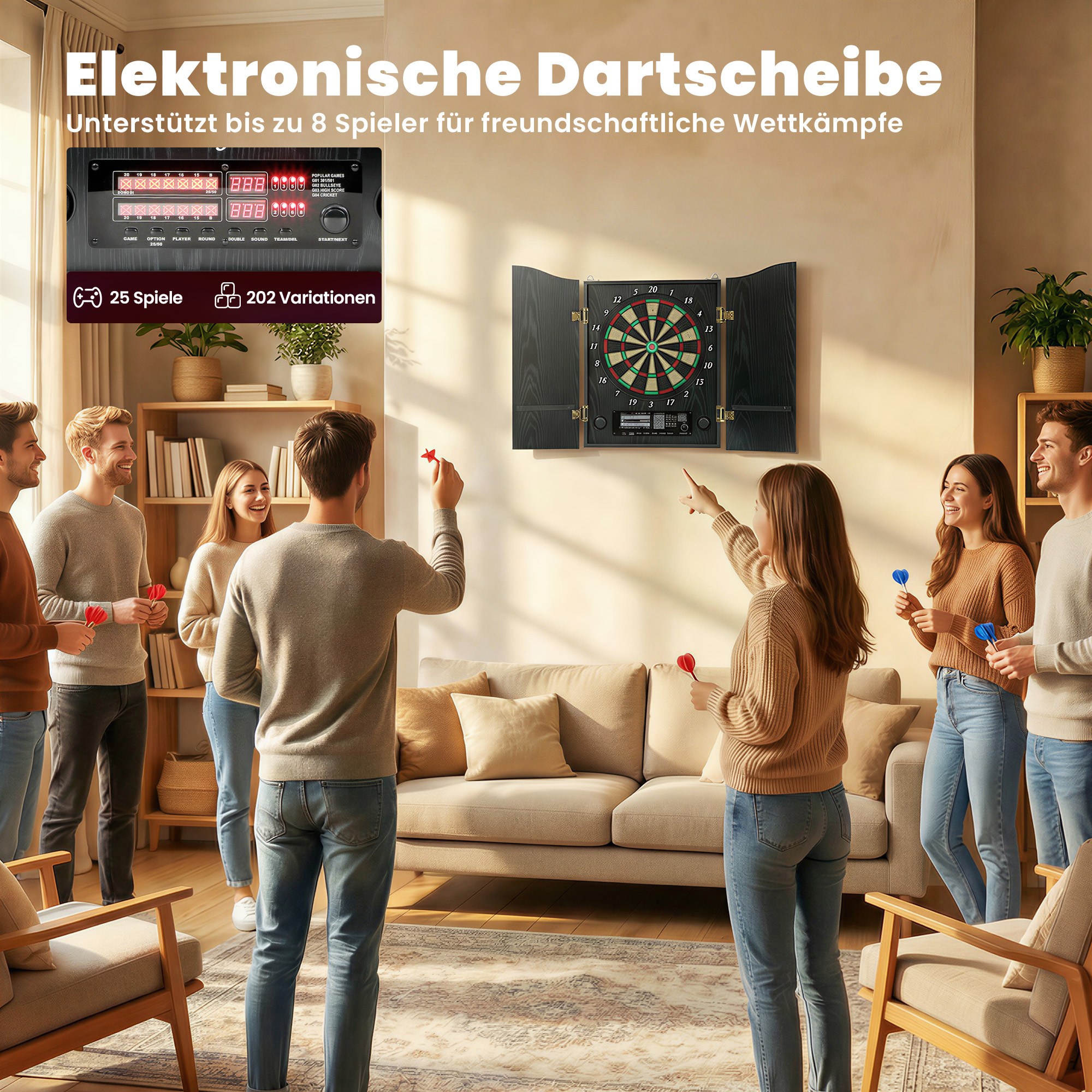 Elektronische Dartscheibe E Dartboard mit Türen Holzoptik LED Anzeige Sprachansagen 6 Dartpfeile, 24 Ersatzspitzen
