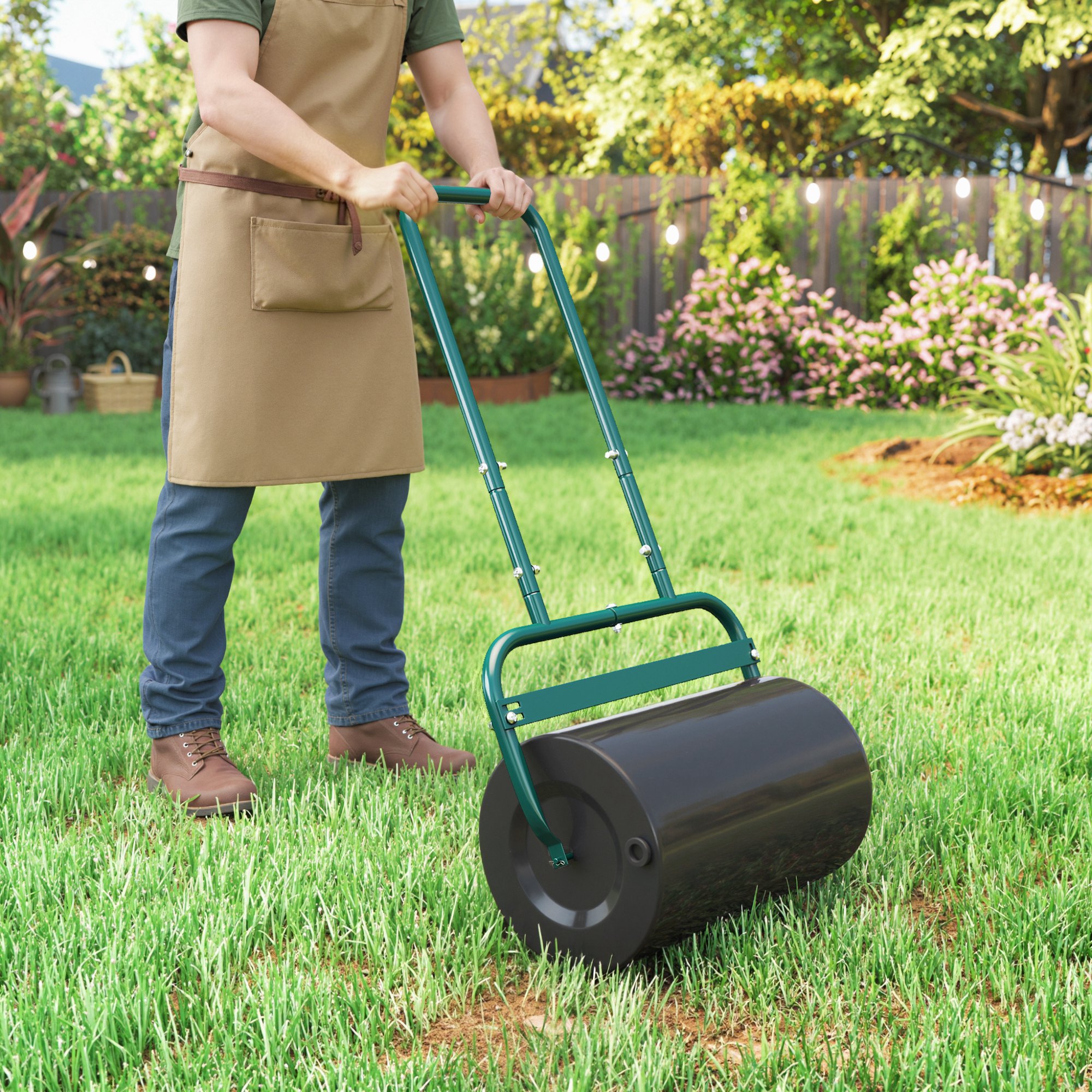 Handliche Rasenwalze, Praktische Rasenrolle, Graswalze, Gartenwalze, flexibel, Stahl, 58L x 32,5B x 113H cm, Dunkelgrün