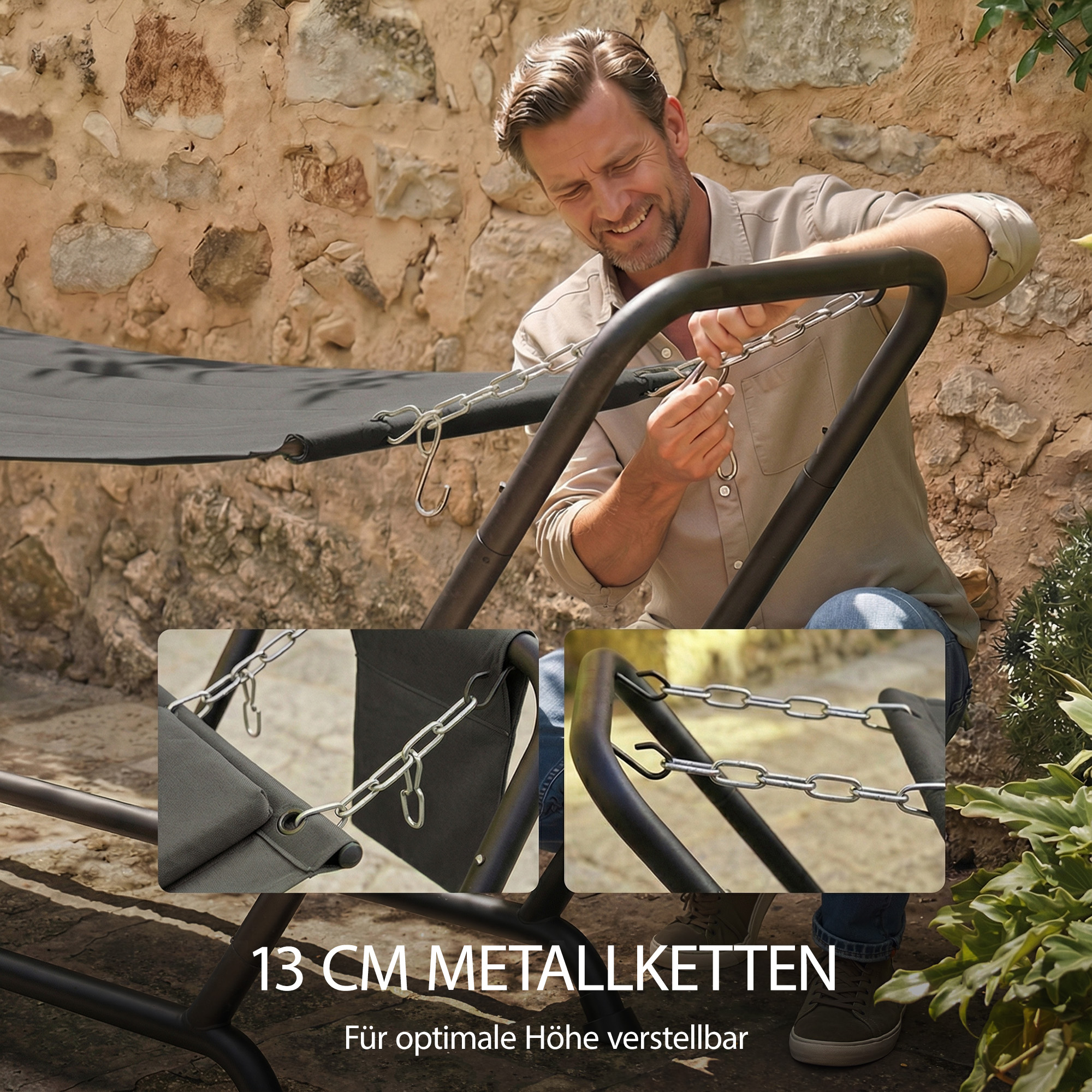 Hängematte mit Gestell 237 x 90 cm Stabhängematte mit Seitentasche, Kopfstütze Metallrahmen bis 150 kg