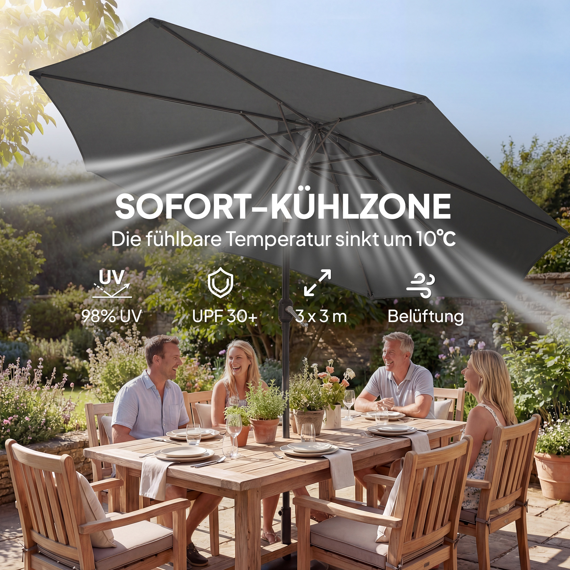 Sonnenschirm ca. Ø300 cm neigbar Balkonschirm mit Kurbel Kreuzfuß Sandsack, UV 30+ Einziehbar Dunkelgrau