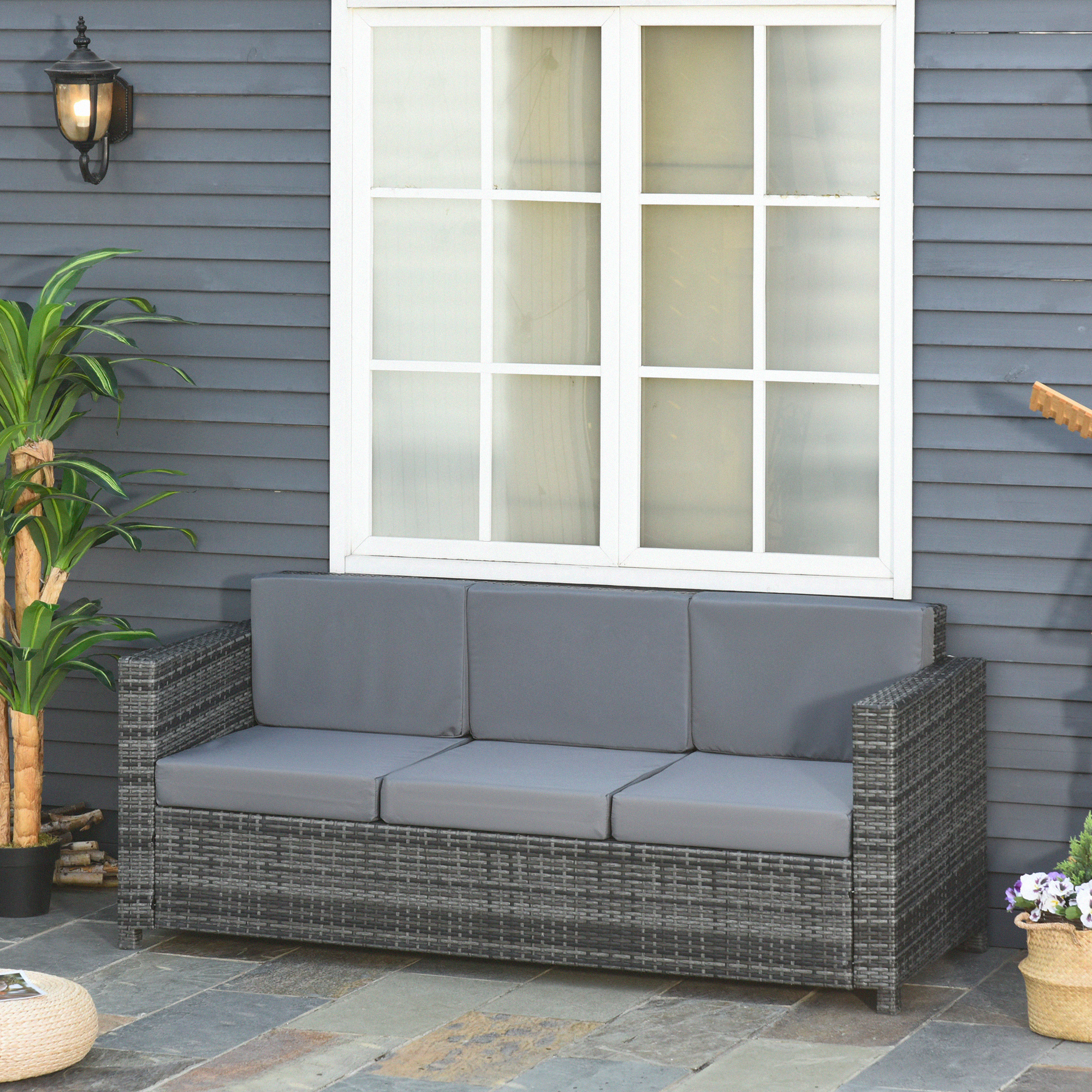 Poly-Rattan Sofa mit Kissen 3-Sitzer Garten Loungesofa Metall Polyester Grau 185 x 70 x 80 cm