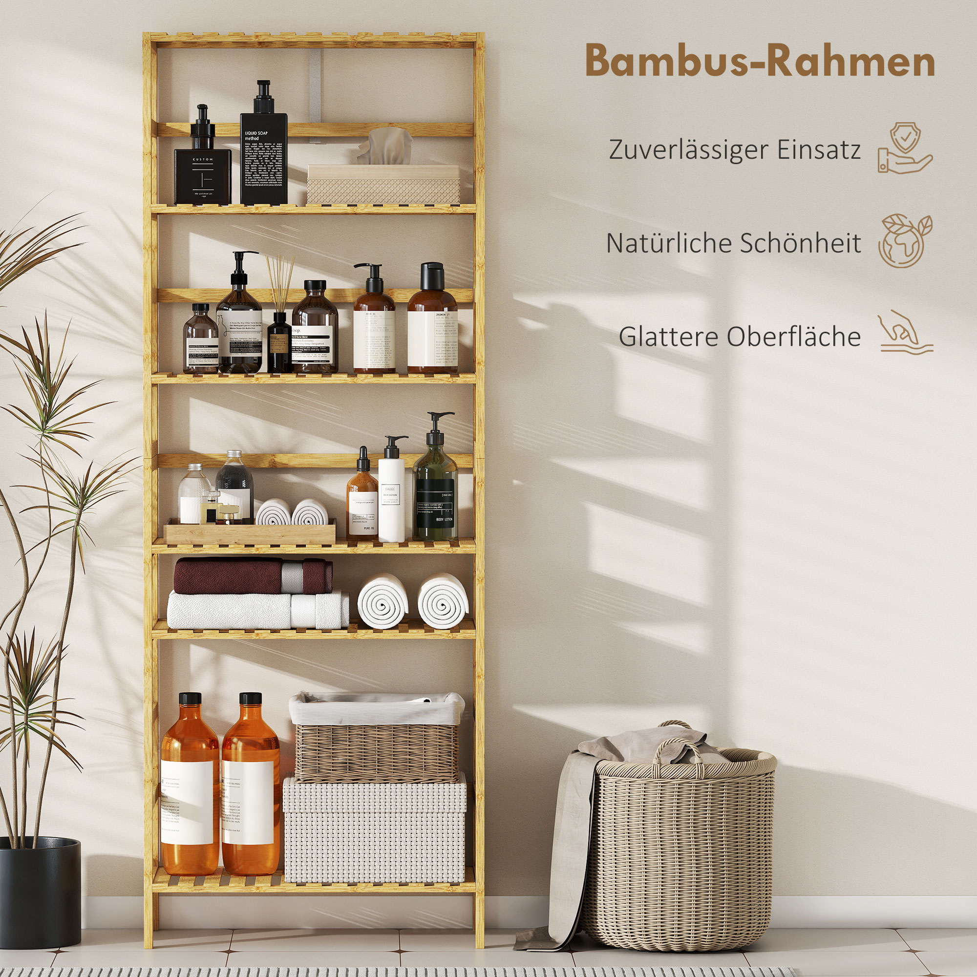 6-Ebenen-Regal aus Bambusholz, verstellbare Regalböden, freistehendes Aufbewahrungsregal, Naturholz