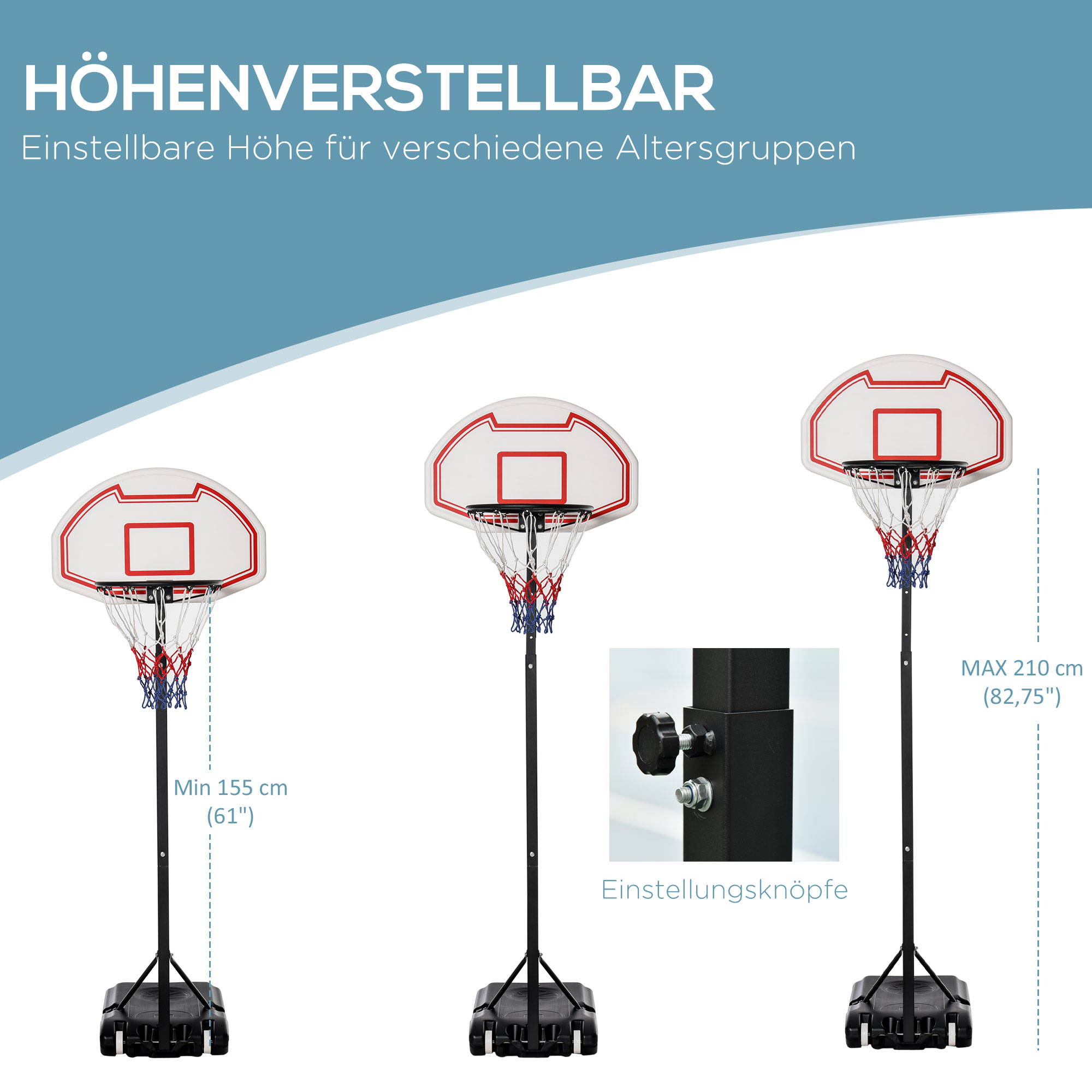 Basketballkorb Outdoor mit Rollen 155-210 cm Höhenverstellbar, Transportable Basketballständer mit Rollen, Tragbar Basketballkorb PE+Stahl