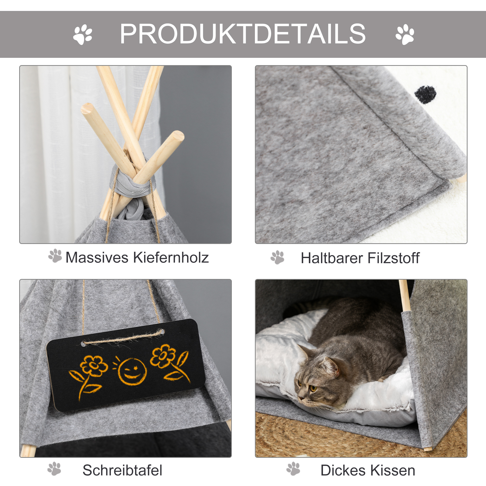 Haustierzelt Katzenhaus Hundezelt Katzenbett Katzenzelt mit weichem Kissen Plüsch Filz maschinenwaschbar Grau 58 x 58 x 80 cm