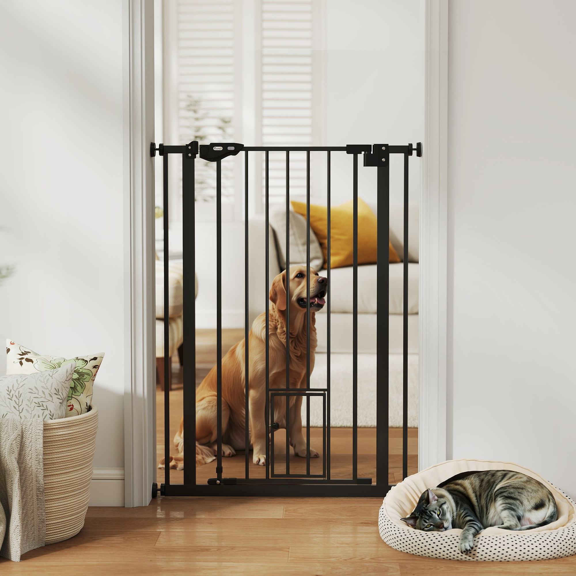 Hunde-Absperrgitter, doppelte Verriegelung, selbstschließende Tür, 104 cm hoch, Stahl, Schwarz