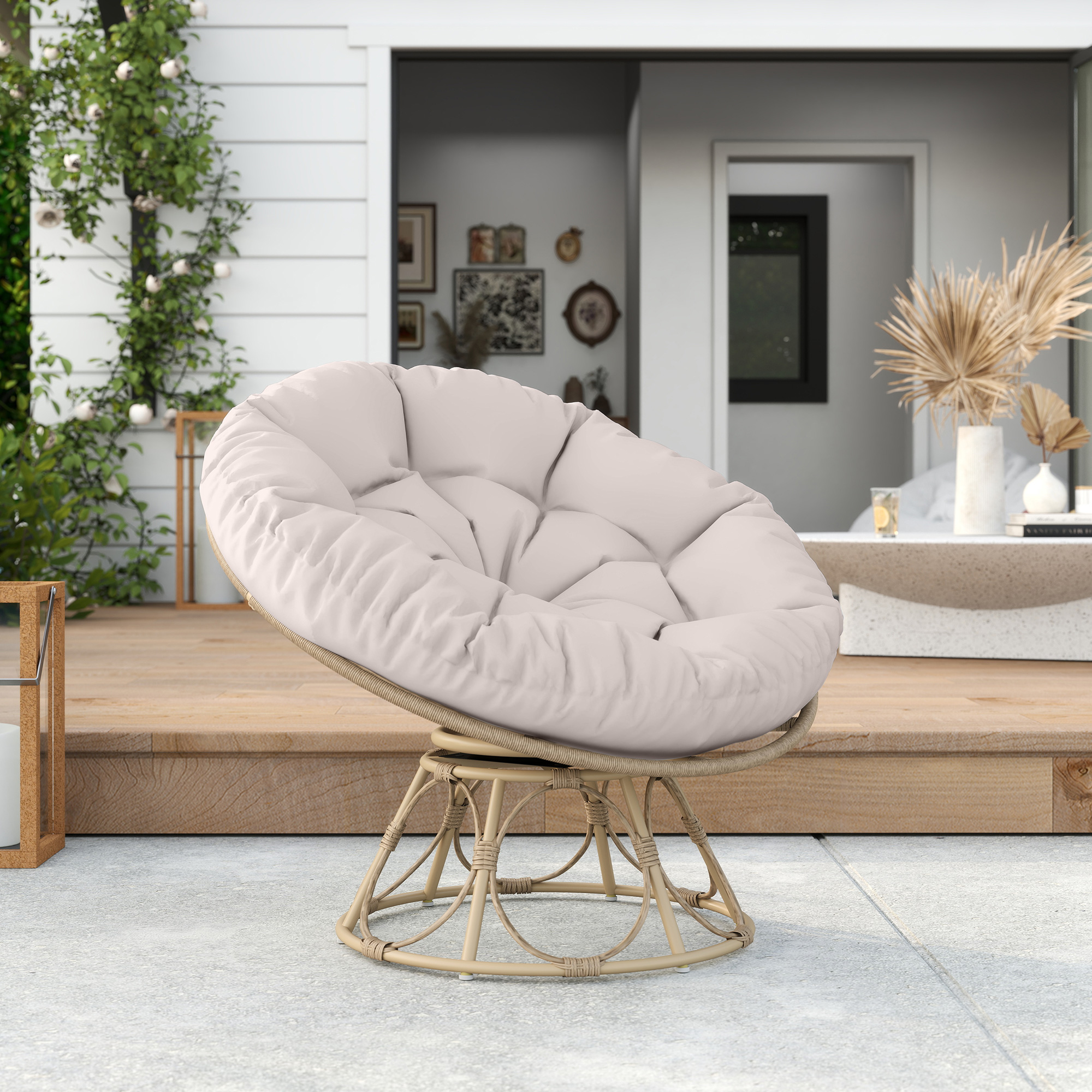 Papasansessel Rattan 360° drehbar Korbsessel mit Sitzkissen runder Outdoor