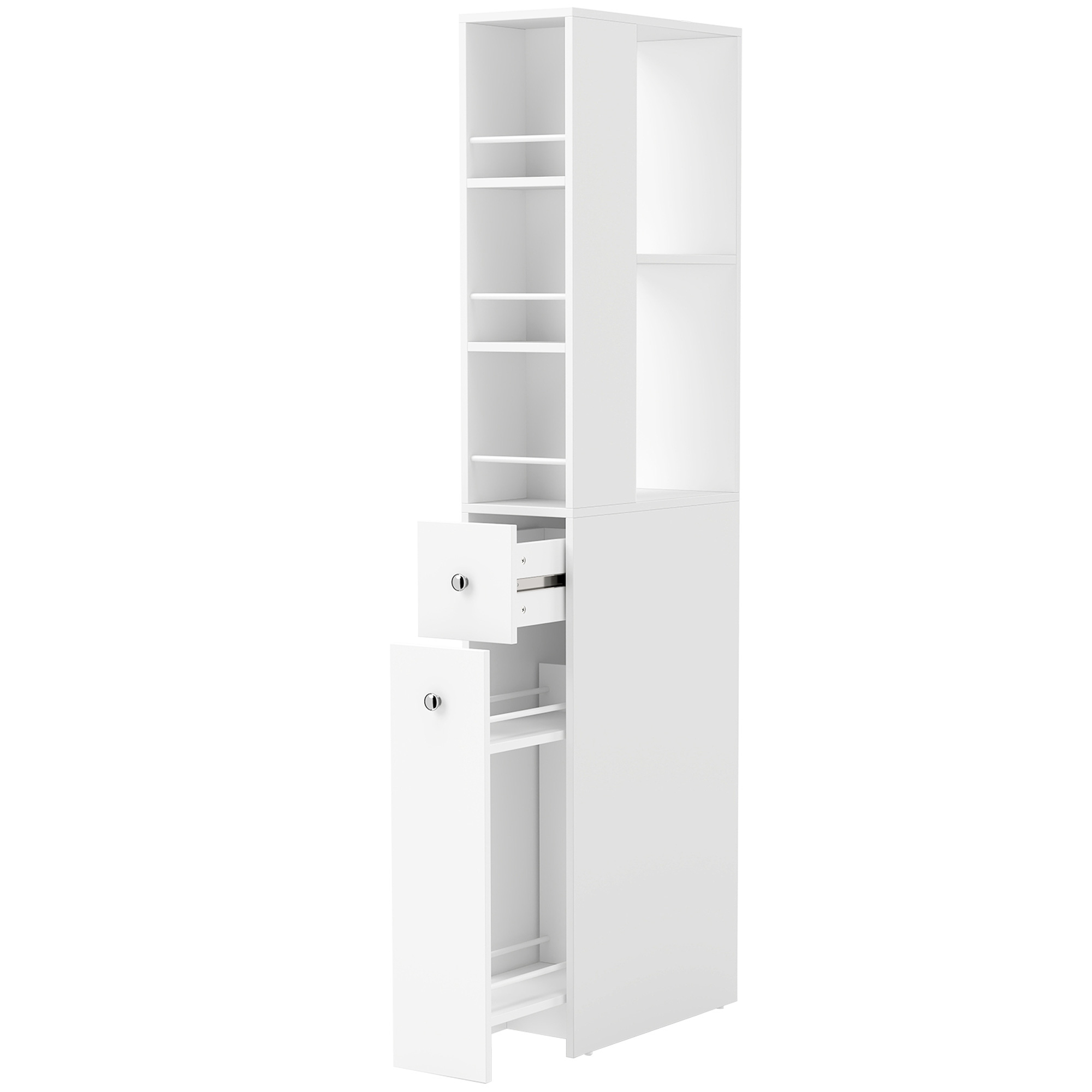 Schmaler hoher Badezimmerschrank, 135 cm Badschrank mit 2 Schubladen, weiß