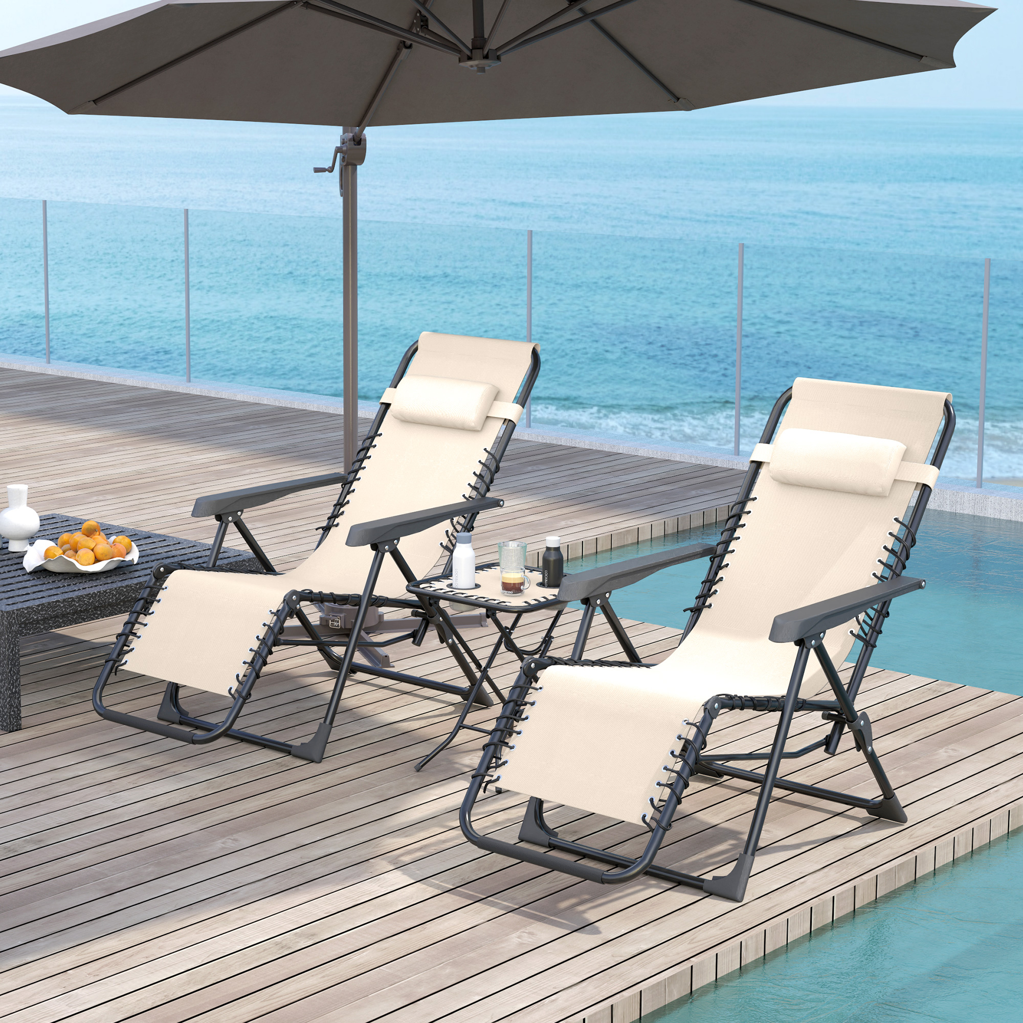 Gartenliege Set 3-TLG. Sonnenliege mit Teetisch 2 Liegestühle Kissen, Outdoor Liege 90x56x110 cm Beige