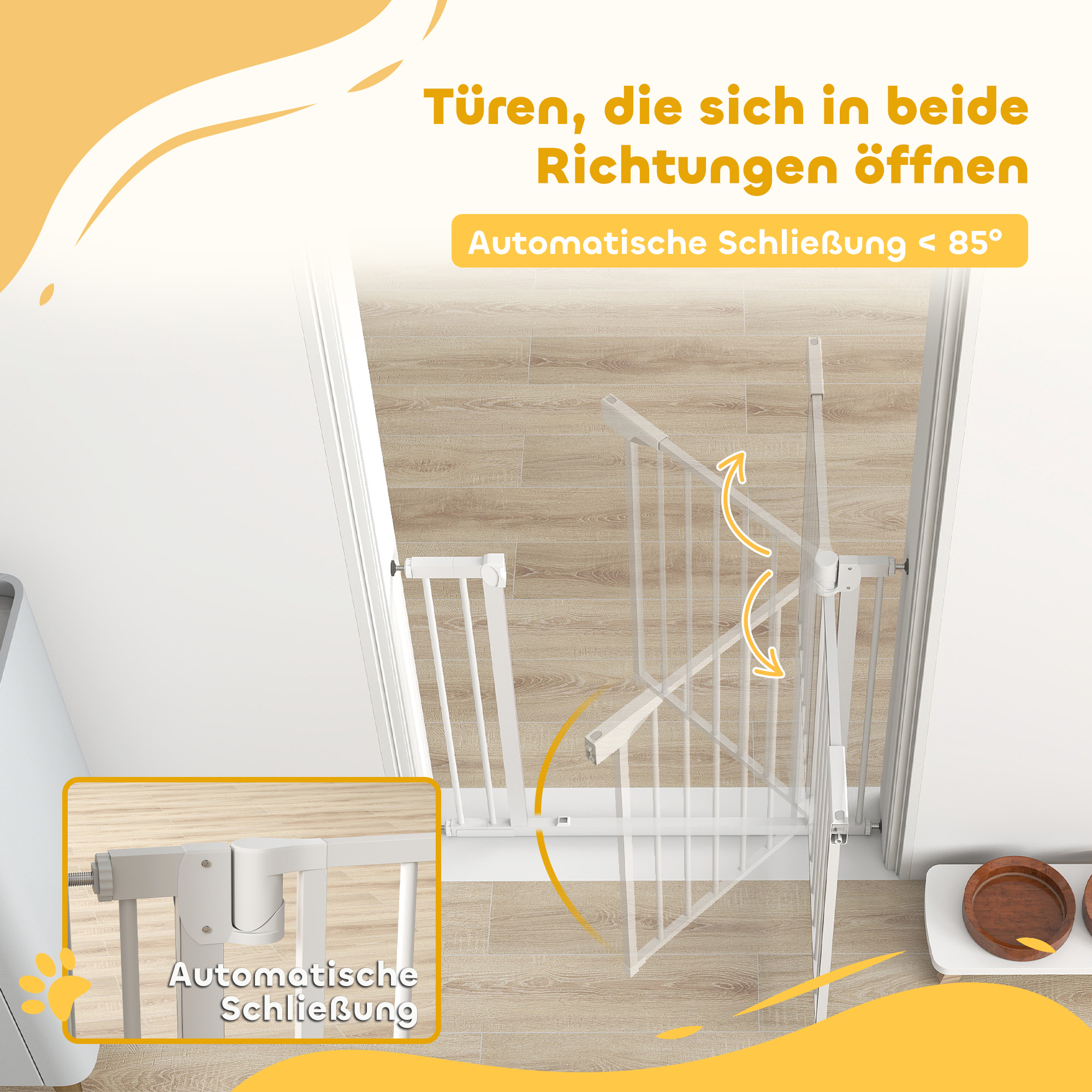 Treppenschutzgitter Absperrgitter ohne Bohren mit automatische Schließung für Kinder Küche Treppe 76-89 x 76 cm Weiß