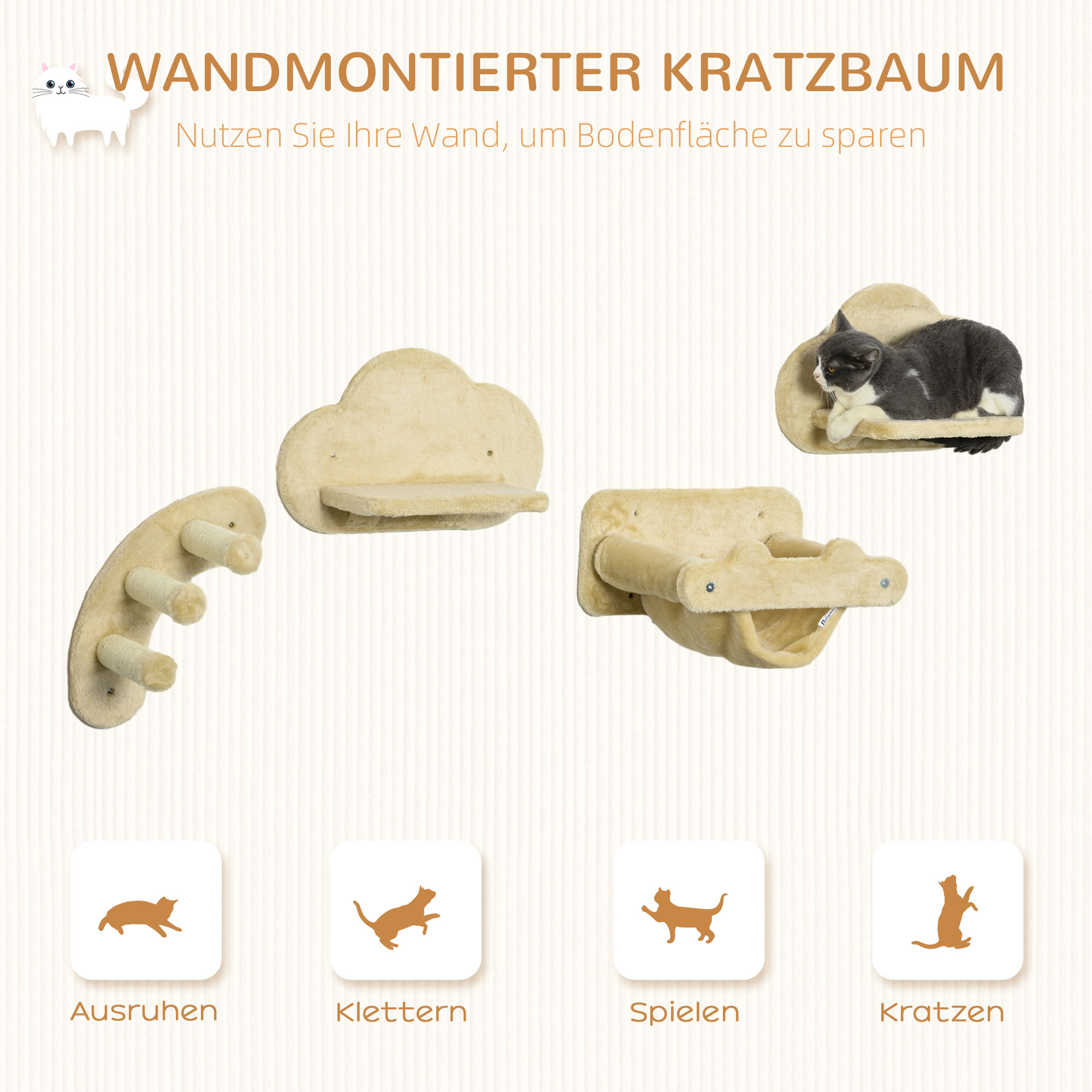 Katzentreppe, 4-teiliges Set, 3-stufige Sprossenleiter, 2 Plattformen, Hängematte, Plüschbezug, beige