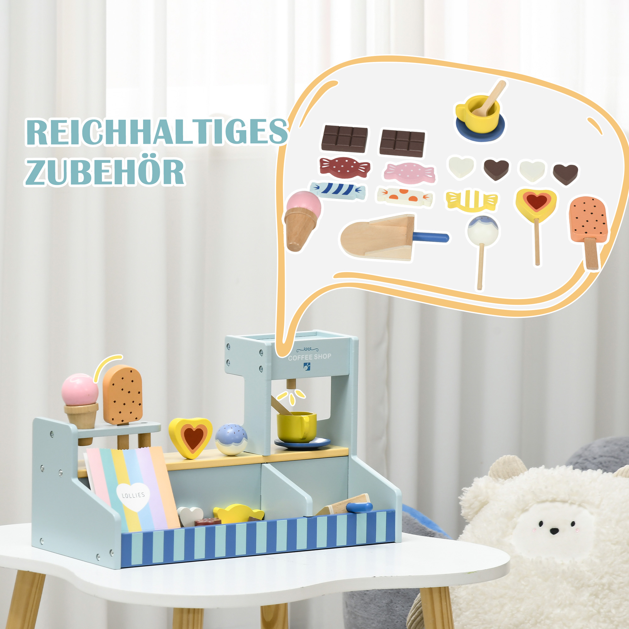 Spiel-Eisladen für Kinder, Eiscreme-Stand, viel Zubehör, fördert Fantasie und Motorik, Hellblau