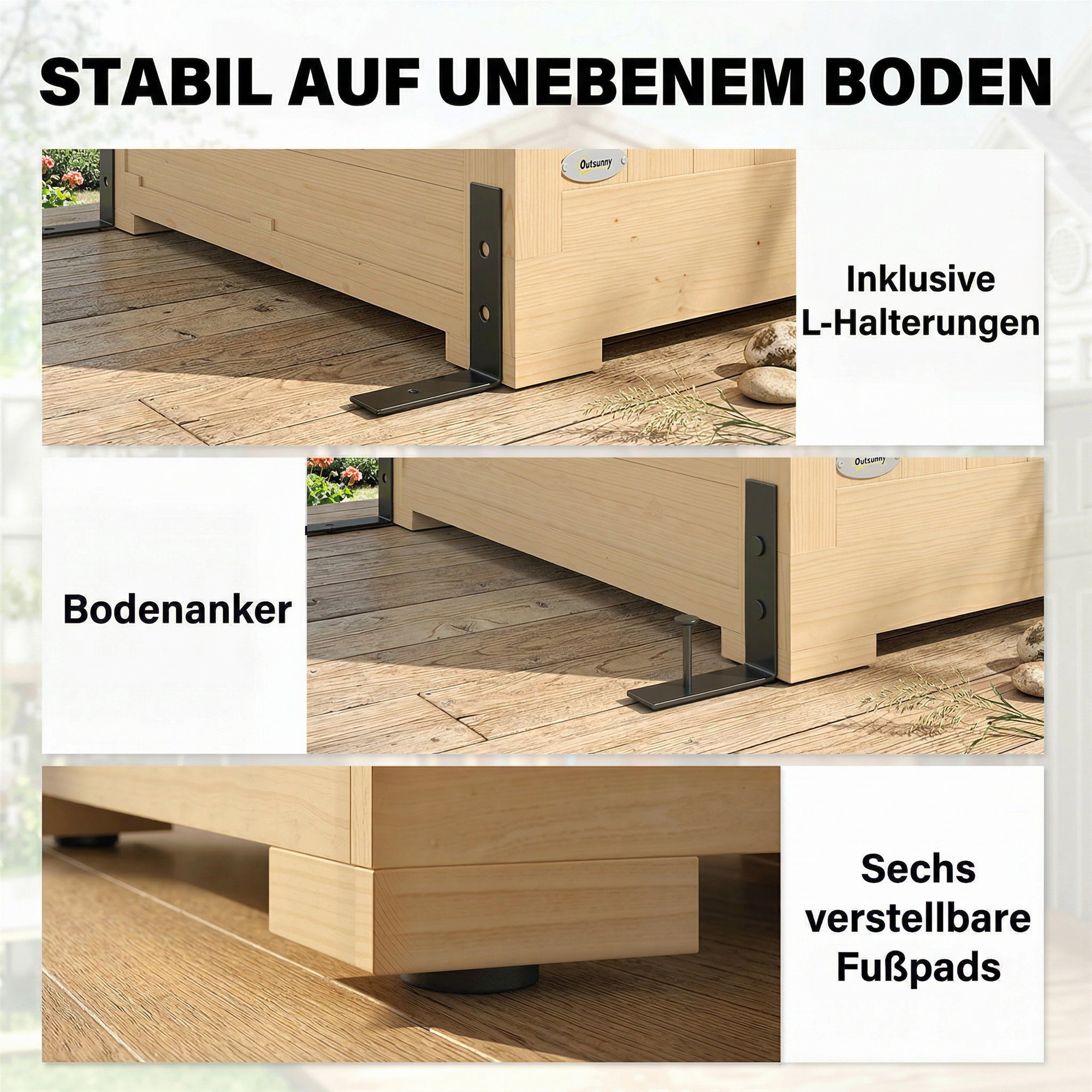 Gartenschrank Holz Begehbarer Geräteschuppen mit Ablage Acrylfenstern Doppeltür Asphalt-Dach Lamellenlüftung Bodenplatte
