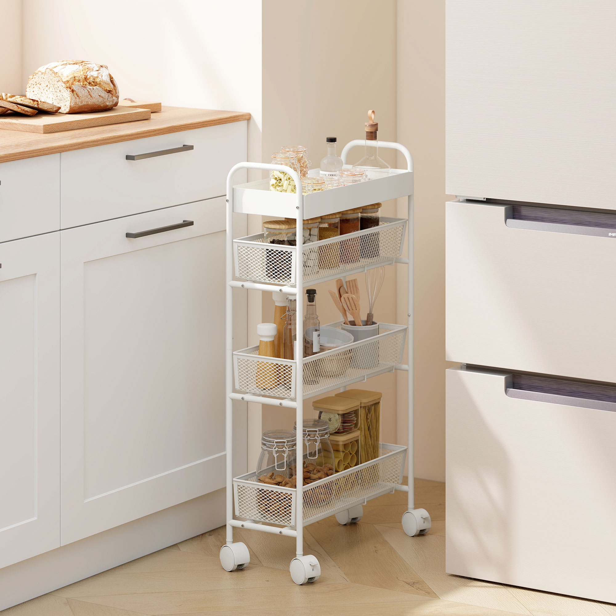 Küchenwagen aus Metall, 3 Körbe, schmales Design, 4 Räder, für Küche, Wohnzimmer, Badezimmer, Weiß