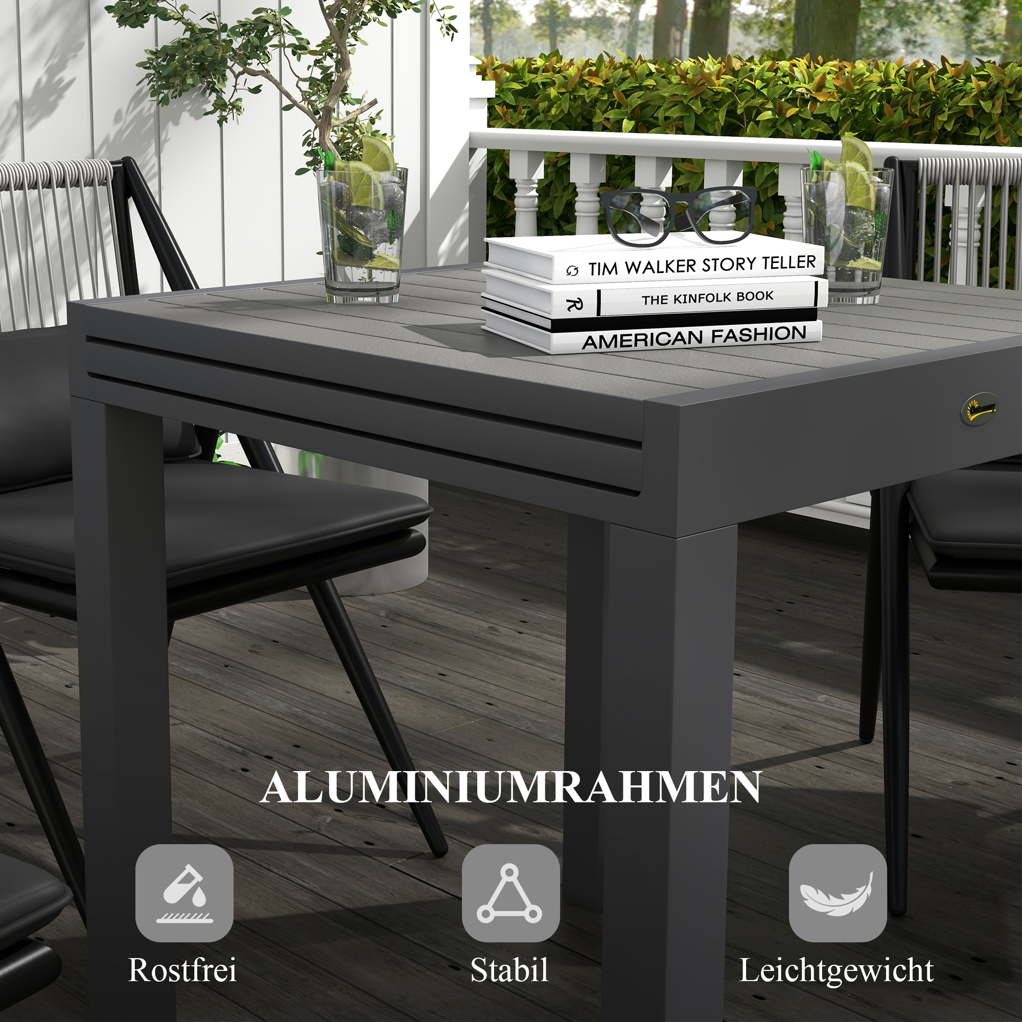 Gartentisch Outdoor-Tisch, wetterbeständig, 162 x 80 x 75 cm, Grau