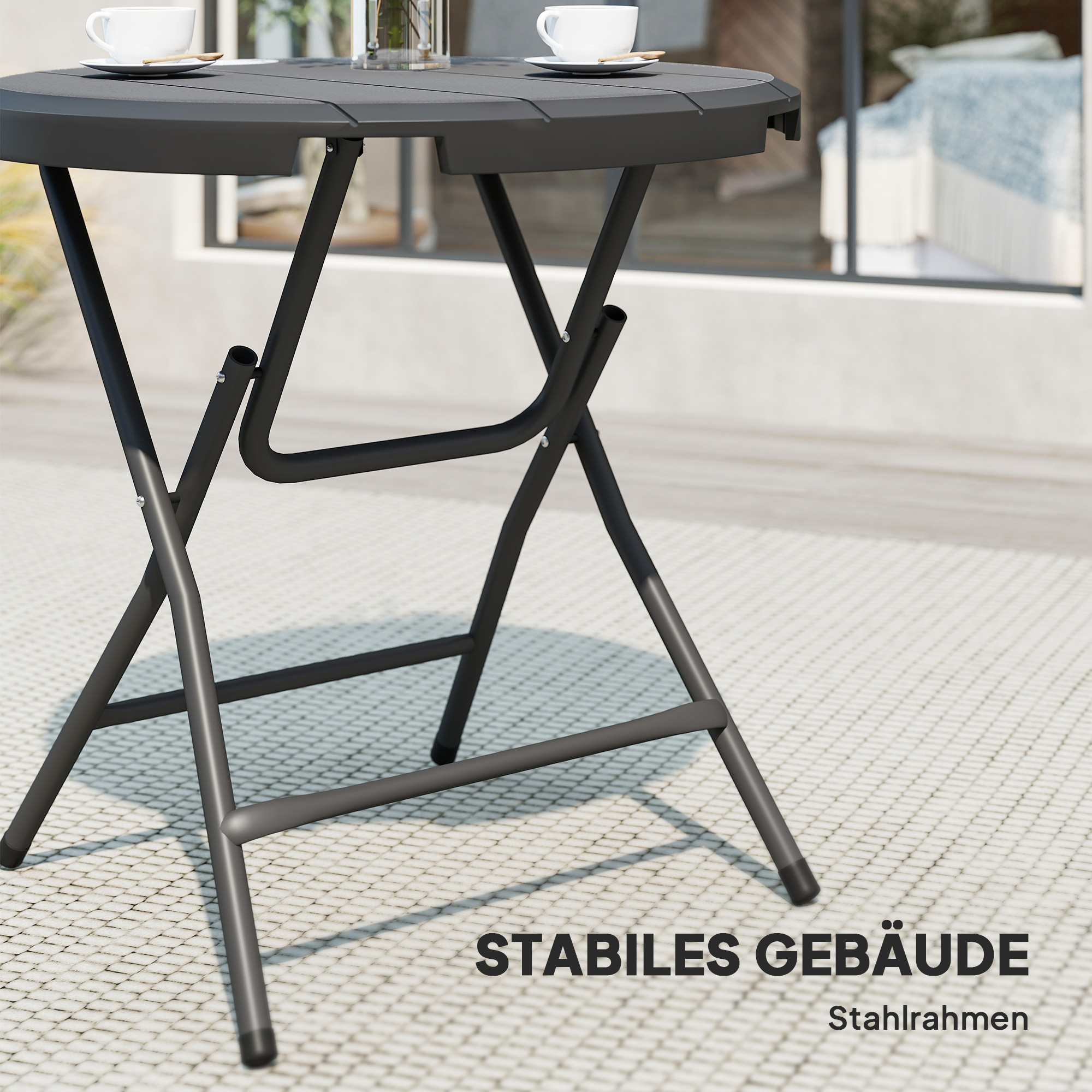 Gartentisch, rund, klappbar, für 4 Personen, Holzoptik, Stahl+Kunststoff, dunkelgrau, 80 x 80 x 73 cm