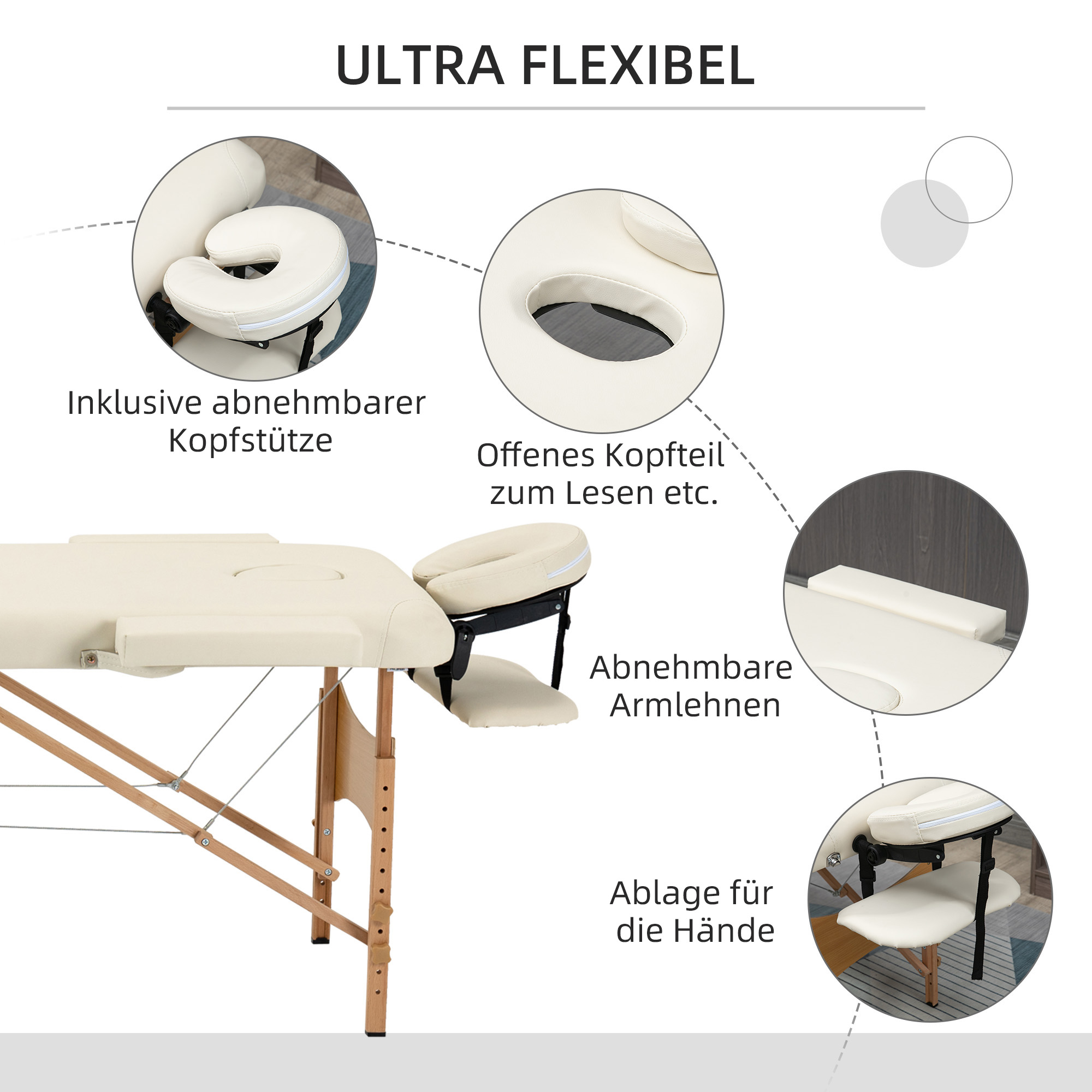 Massagetisch, klappbare Massageliege, höhenverstellbare Massagebank für Spa, Salon, Kunstleder, Holz, Cremeweiß