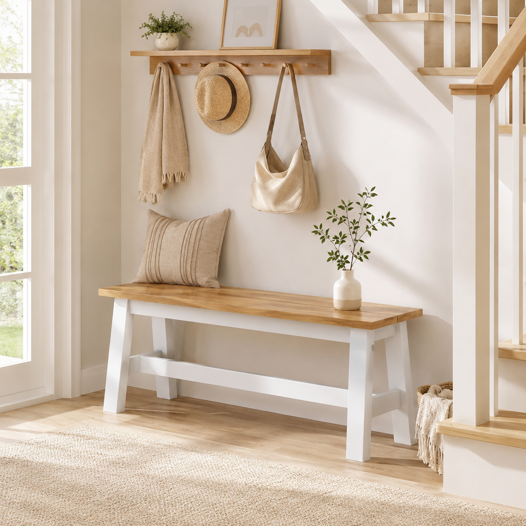 Sitzbank für 2, Holzbank in Eichenoptik, stabilisierende Querstange, für Wohnzimmer, Esszimmer, Flur, Kautschukholz, Weiß