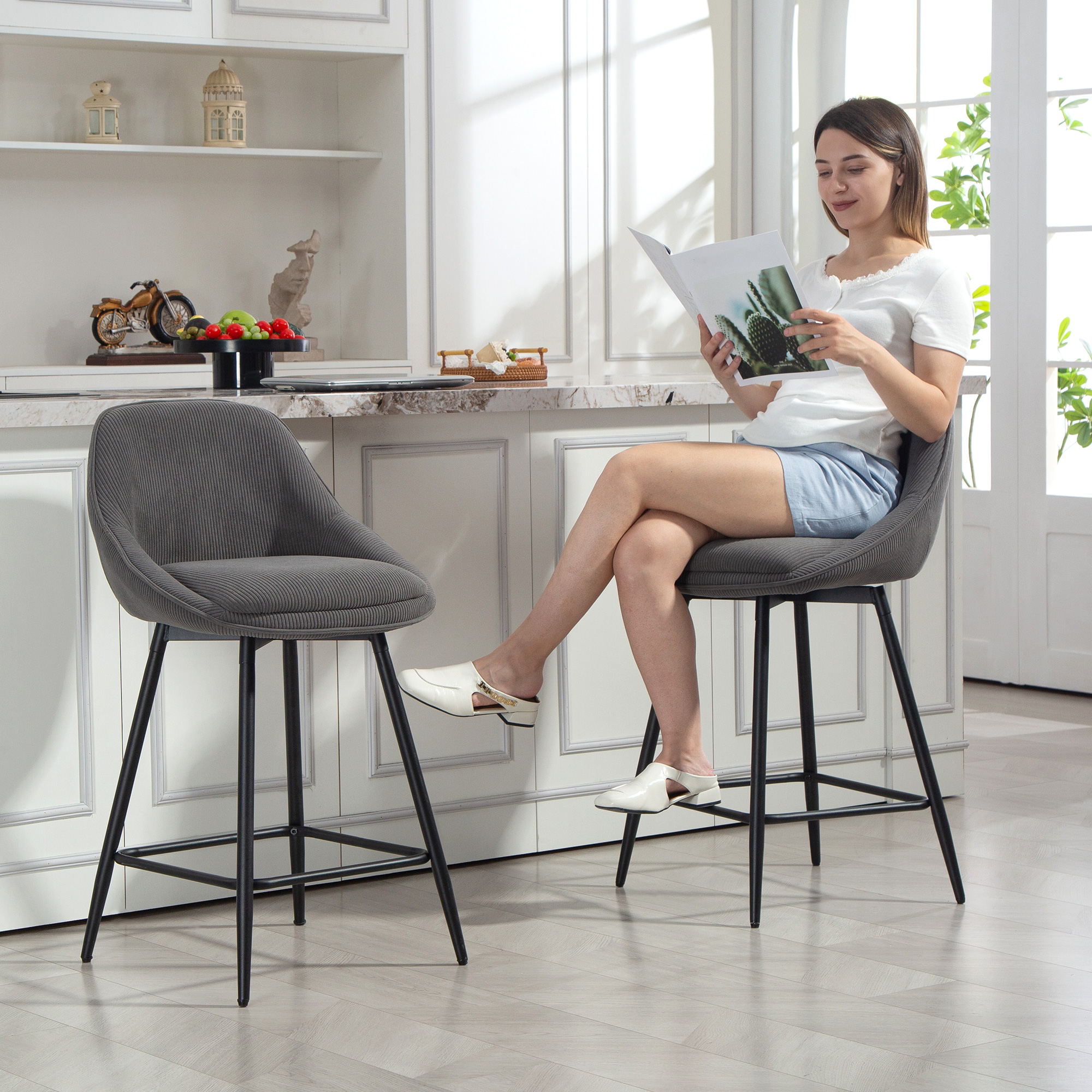 2er-Set Barstühle mit Cordbezug und Stahlbeinen, Polsterstühle für Kücheninsel, Esszimmer, Grau