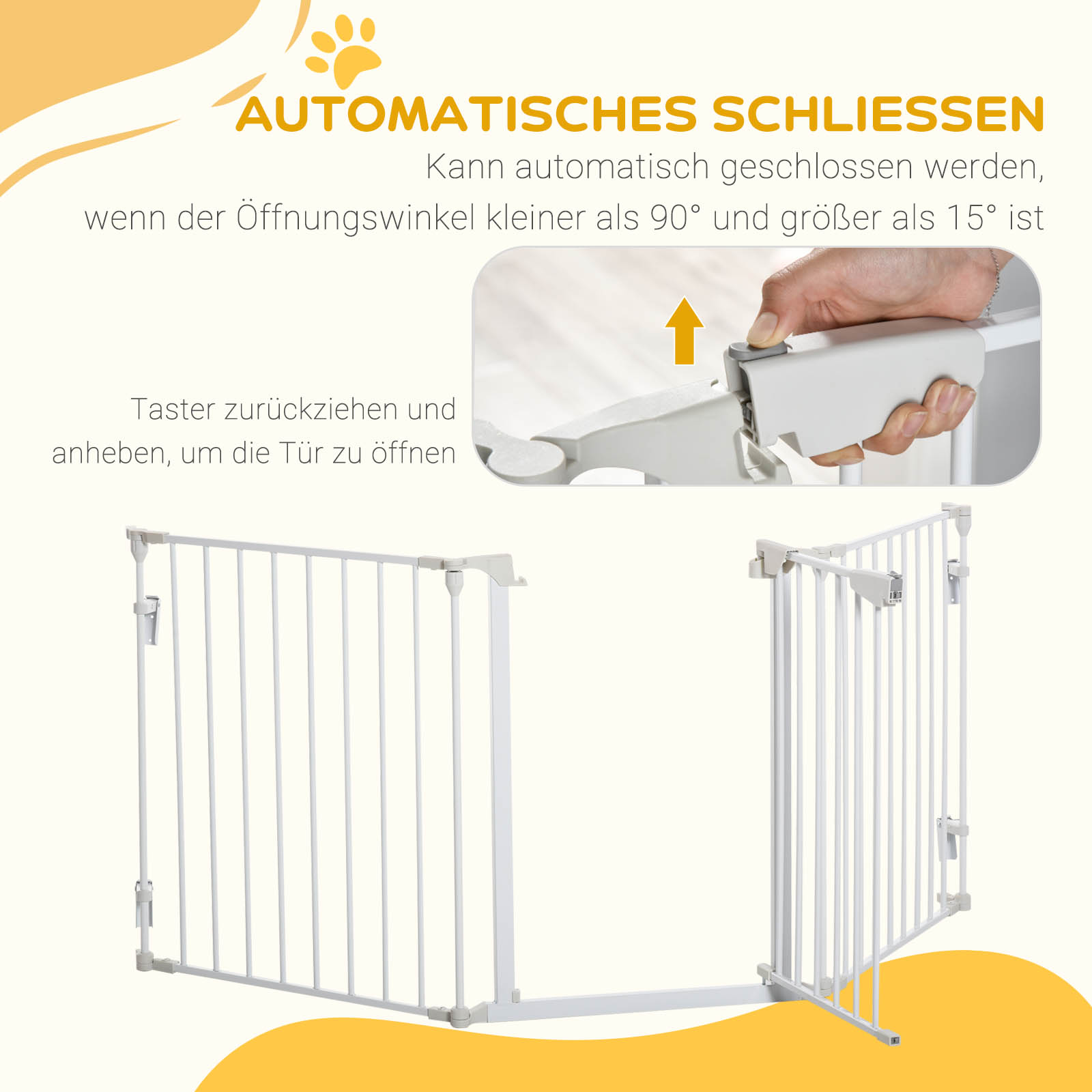 Türschutzgitter Absperrgitter Hund Freistehendes Schutzgitter 180 x 74,5 cm Hundegitter Klappbar Treppengitter Hundeabsperrgitter für Treppen, Türen, Küche, Flur, 3 Paneelen, Weiß