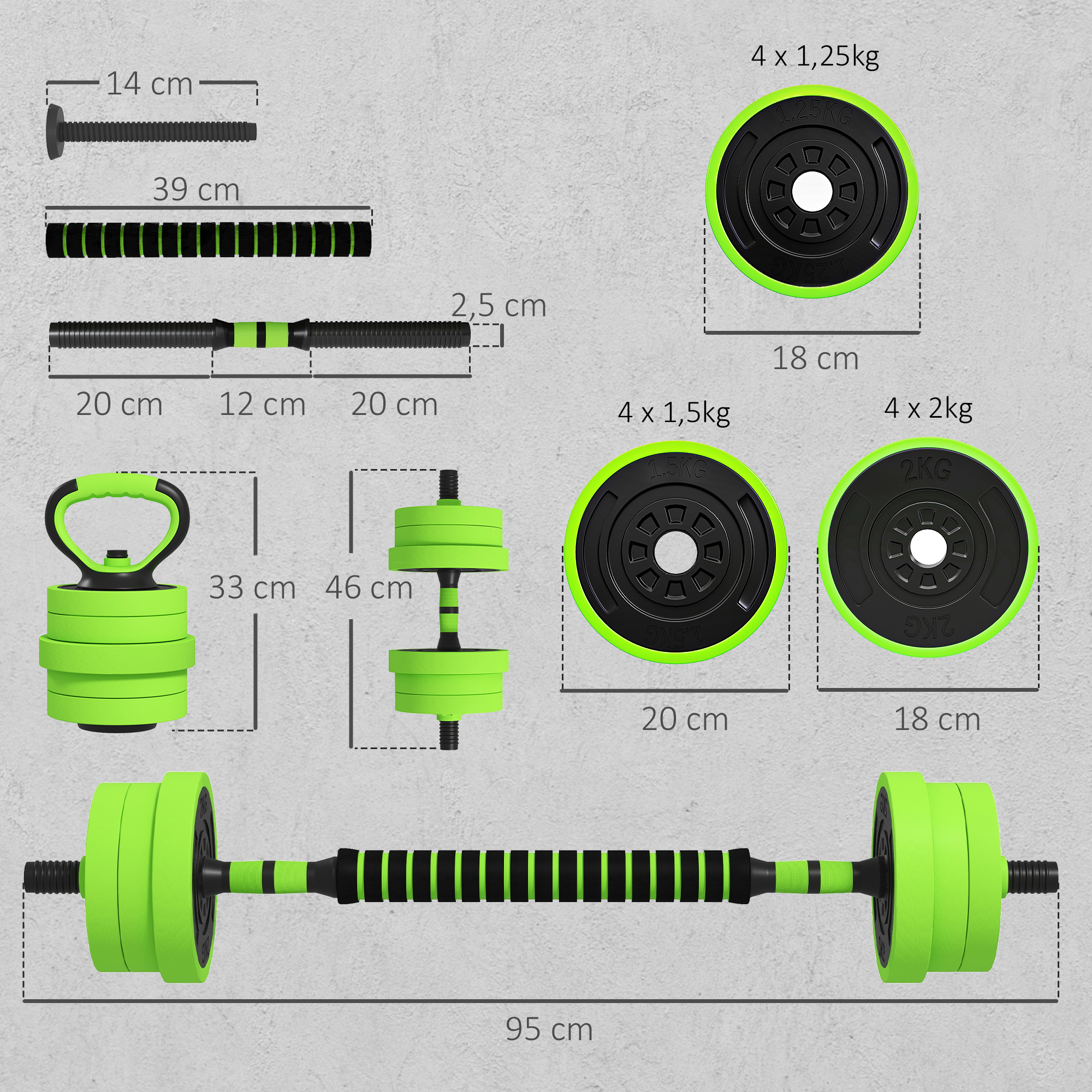 4 in 1 Hanteln Set 20 kg verstellbare Kurzhantel & Langhantel Kettlebell Liegestützgriffe Grün