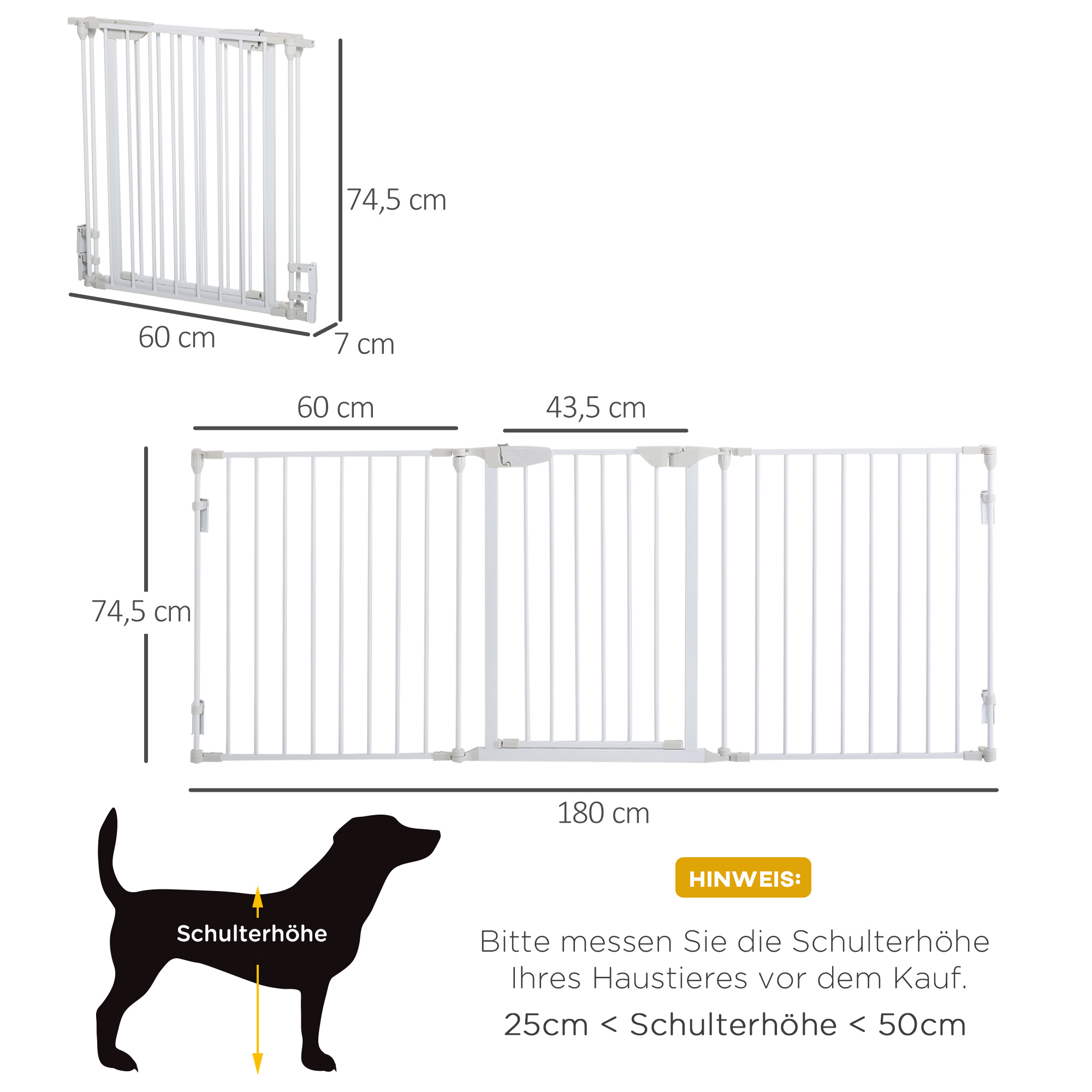 Türschutzgitter Absperrgitter Hund Freistehendes Schutzgitter 180 x 74,5 cm Hundegitter Klappbar Treppengitter Hundeabsperrgitter für Treppen, Türen, Küche, Flur, 3 Paneelen, Weiß