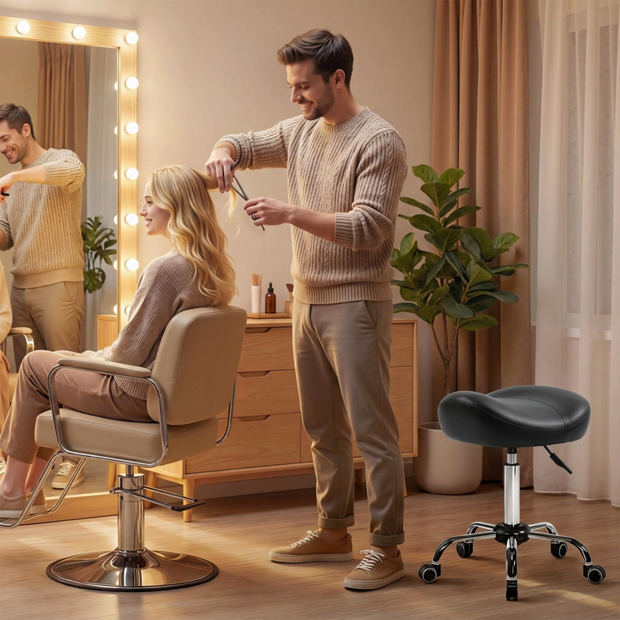 Salonhocker mit Sattelsitz, höhenverstellbar, Kunstleder, 48x48x54-69cm, Schwarz