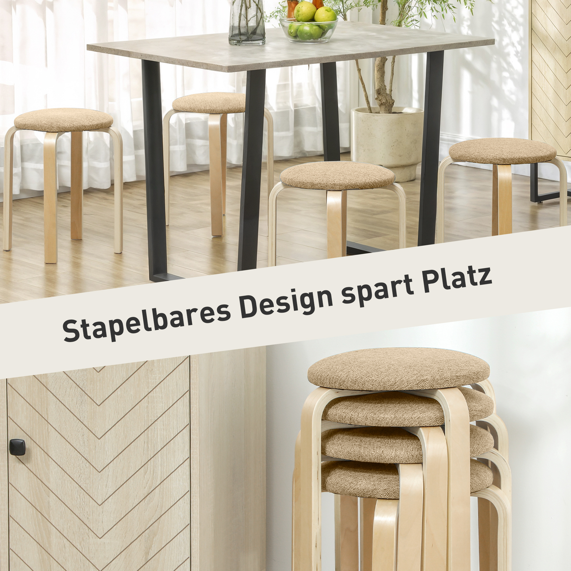 Polsterhocker im 4er-Set, stapelbar, lackierte Oberfläche, Holzbeine, Khaki