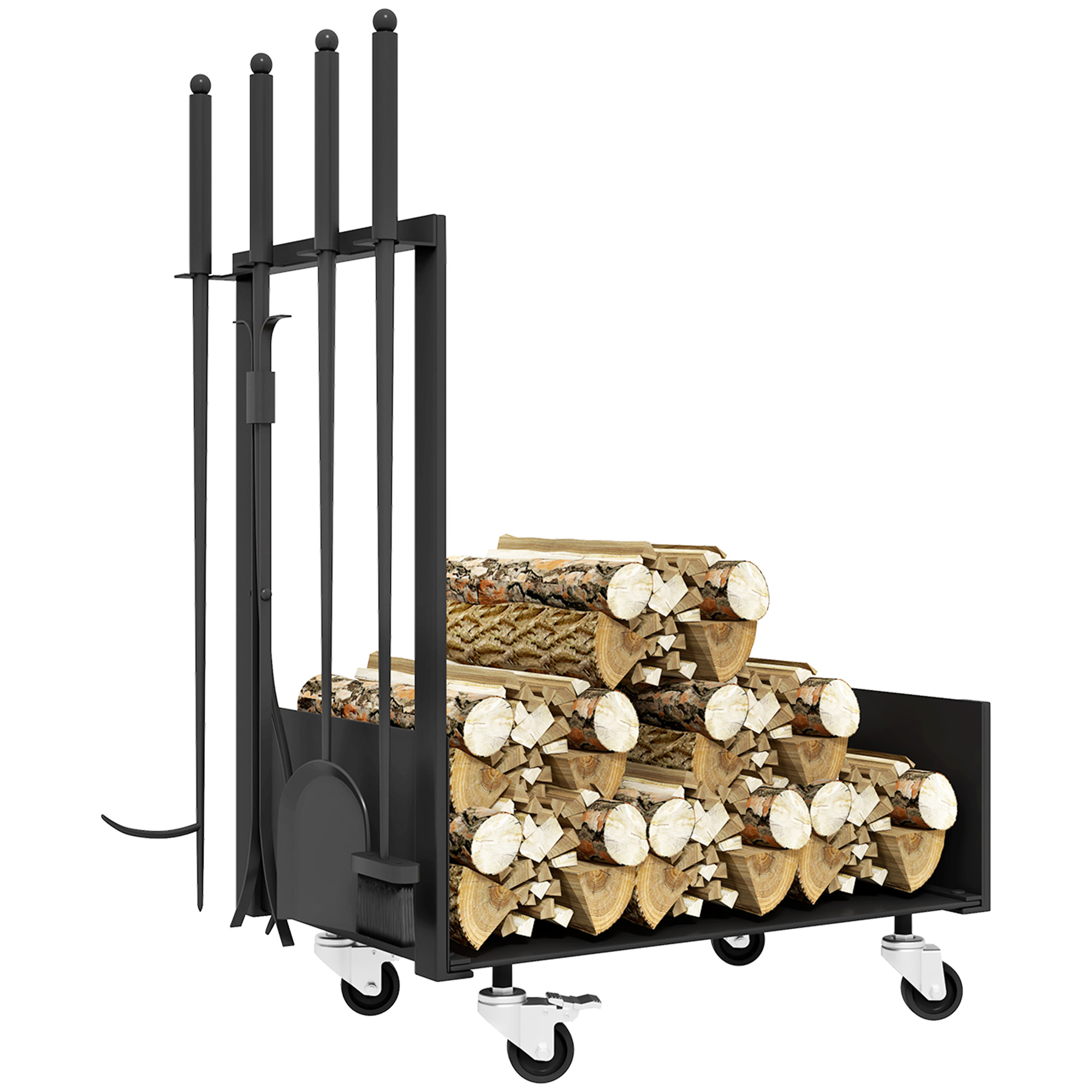 Feuerholzgestell mit Rädern, viel Zubehör, Metallrahmen, bis 60 kg, 48 x 30 x 76 cm, Schwarz