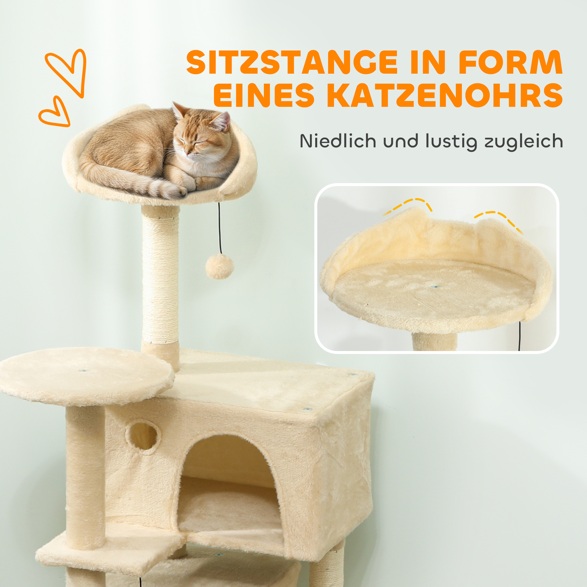 Kratzbaum 140 cm Katzenturm mit Hängematte, Leiter, Höhle, 2 Plüschballen, Sisalstämme, 48 x 48 x 140 cm, Beige