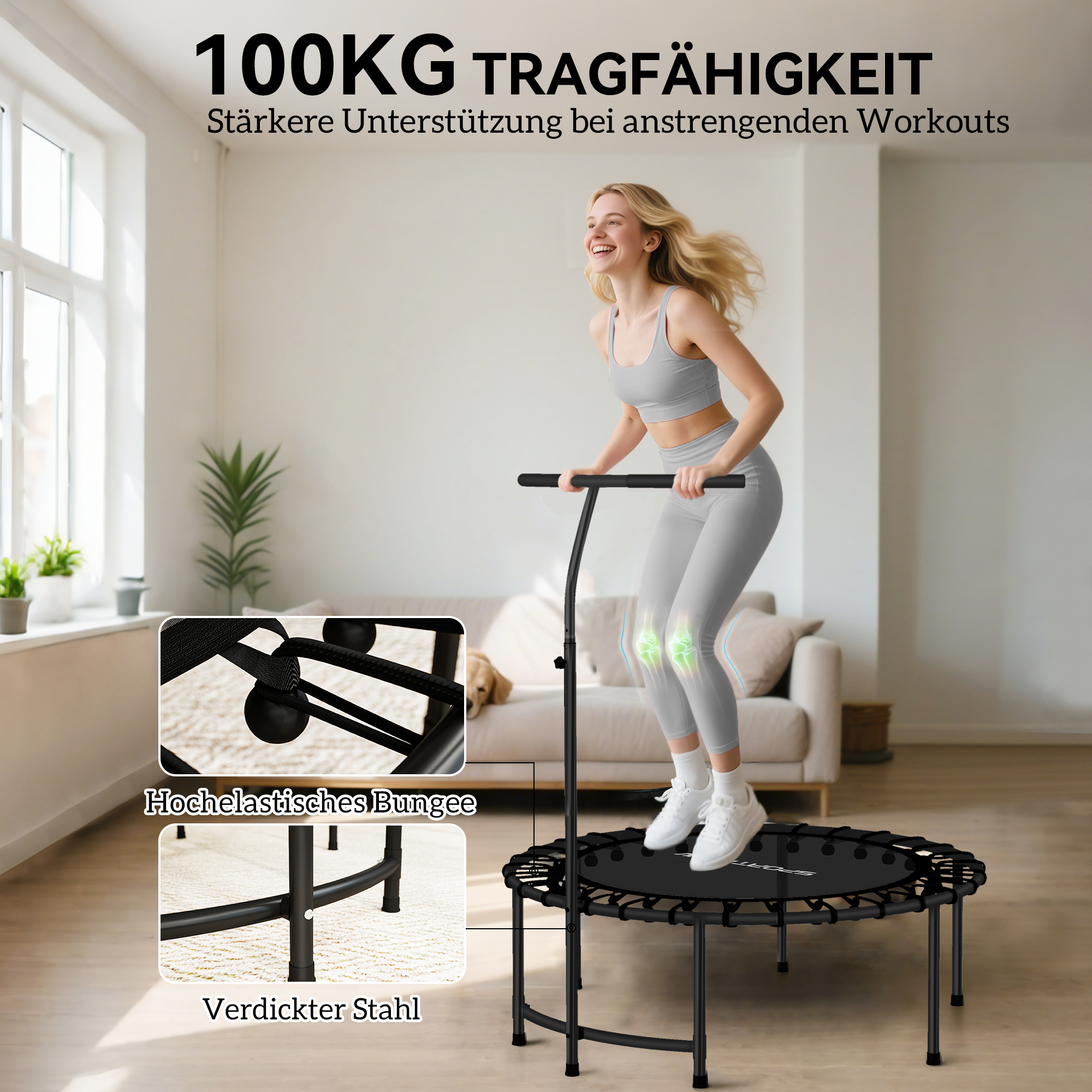 Rebounder-Trampolin, 5-stufig verstellbarer Griff, Workout-Trampolin, Schwarz