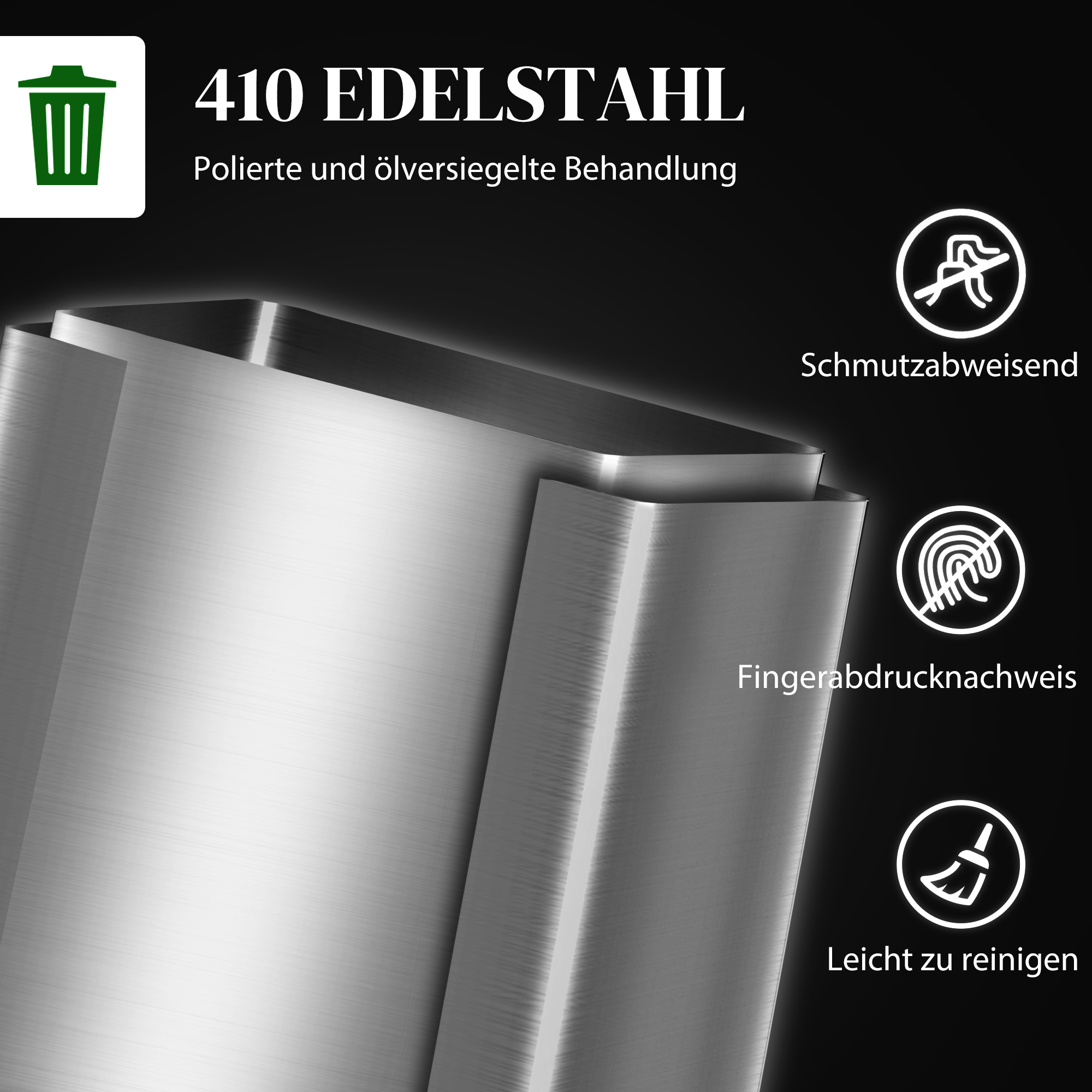 Mülleimer mit 2x30L Fächern, Soft-Close-Deckel, Fingerabdrucksicher, Edelstahl, Silber