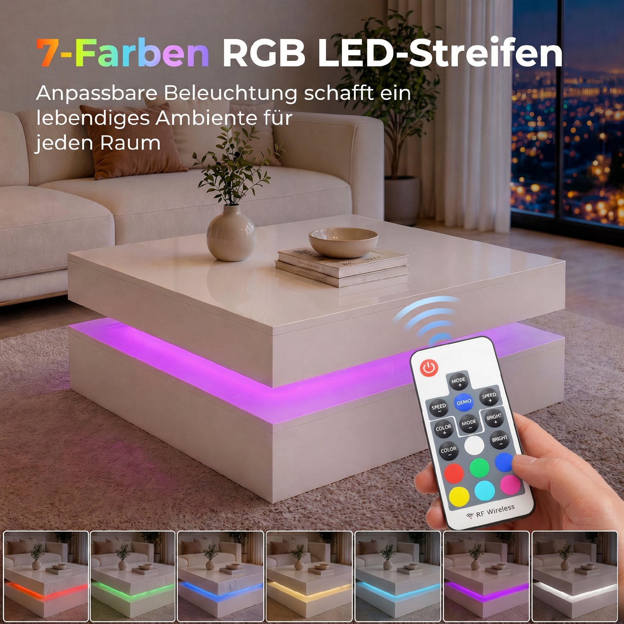 LED-Couchtisch mit Stauraum, 2-stufiger moderner Tisch mit offener Ablage und Fernbedienung, Hochglanz Weiß