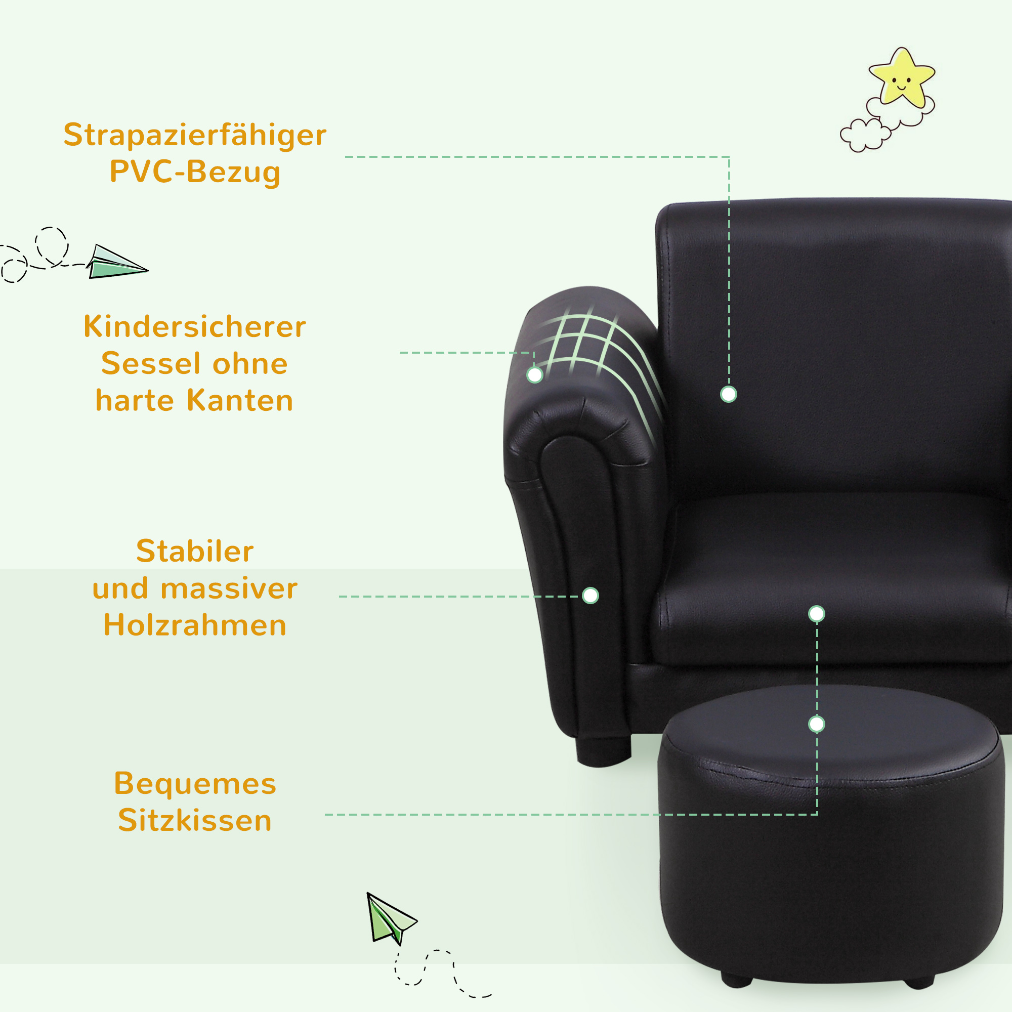 Kindersessel mit Fußhocker Kindercouch Kindersofa Minisofa für 1,5-3 Jahre Kinder Kindermöbel Holz Schwarz 54 x 42 x 41 cm
