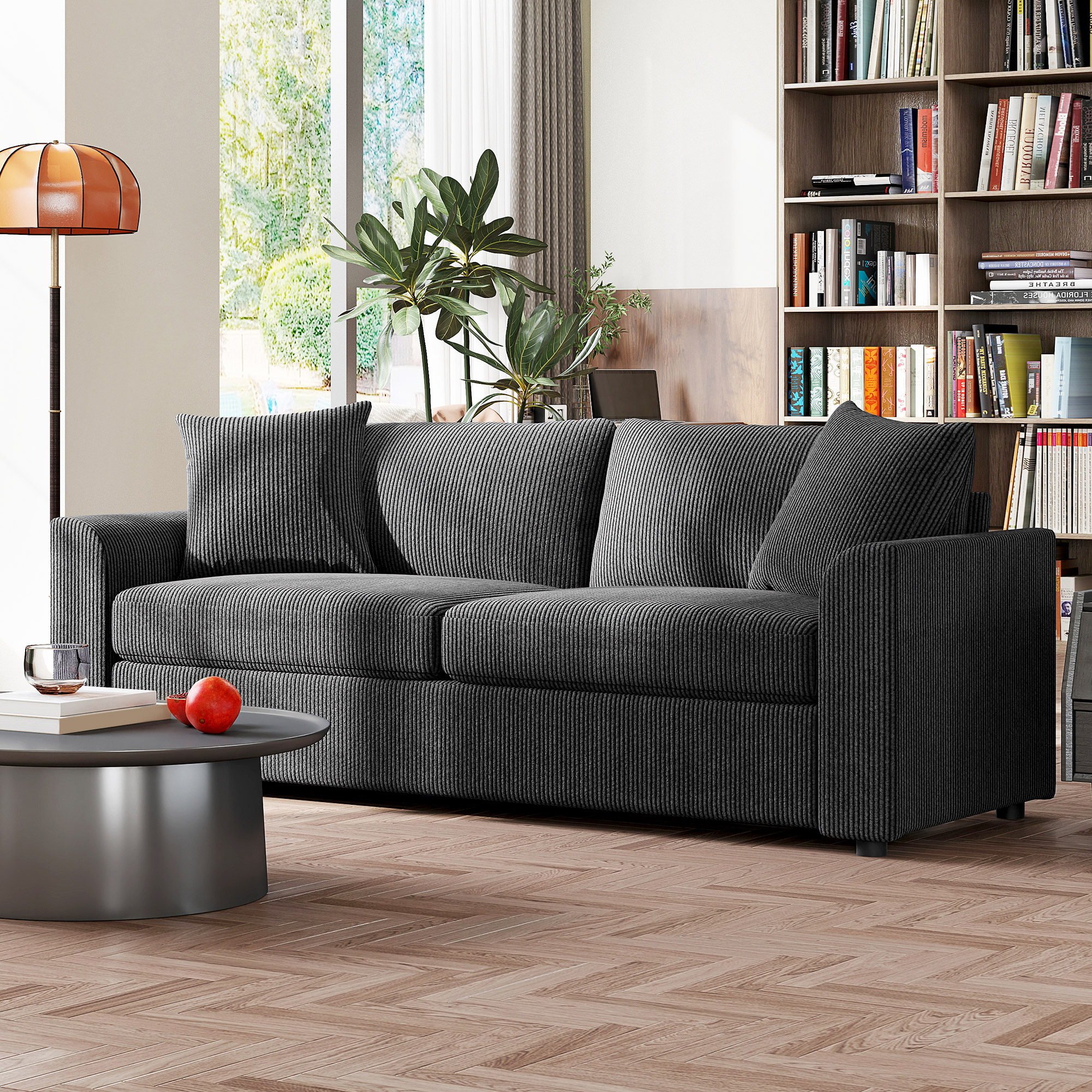 3-Sitzer-Sofa mit Zierkissen, Cordsofa für Wohnzimmer, Schlafzimmer, 212 cm breit, Dunkelgrau