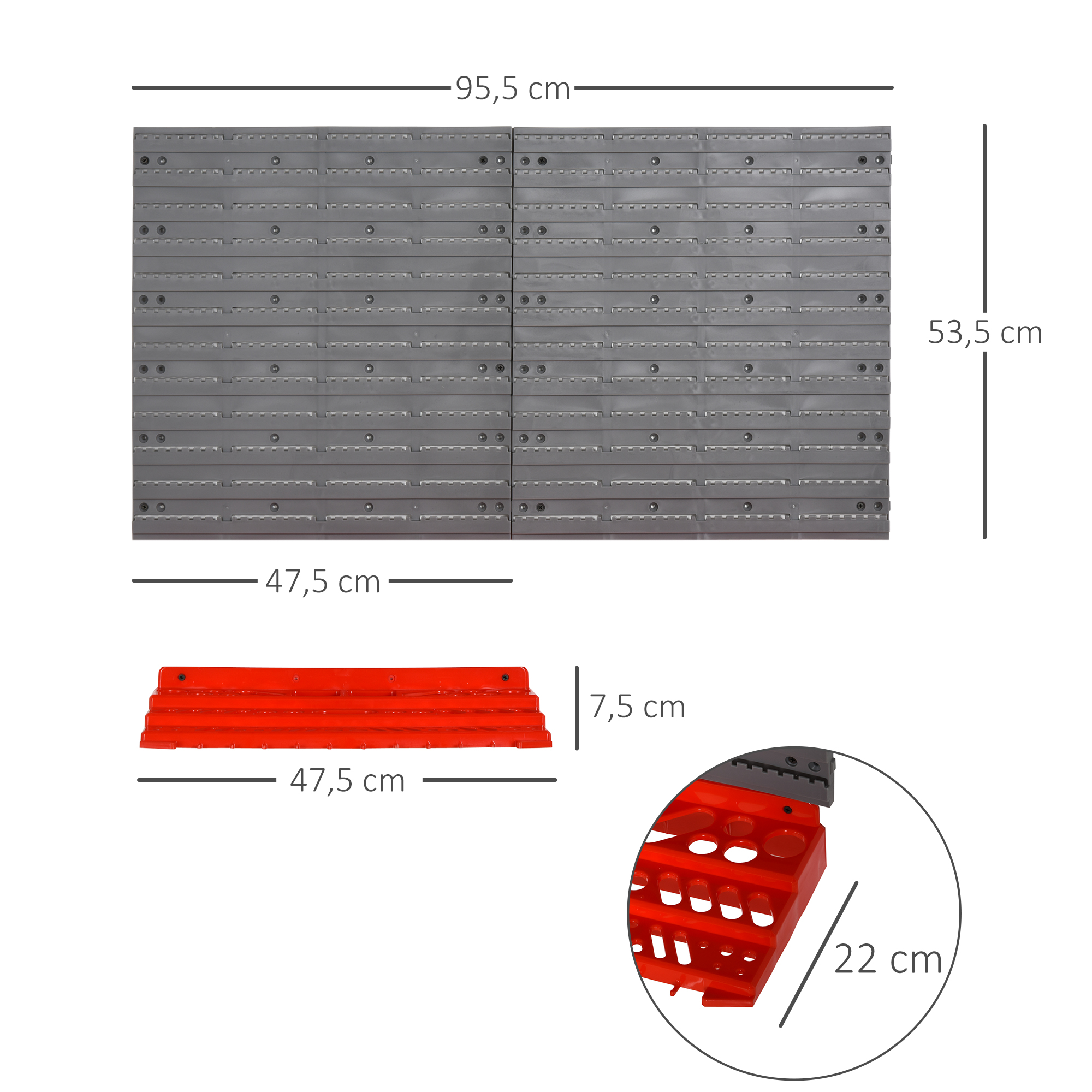 Werkzeuglochwand Wandregal 54 tlg Werkzeughalter Werkzeugwand für Werkstatt Sichtlagerkästen Hakenset PP Grau+Rot 95,5 x 23 x 53,5 cm