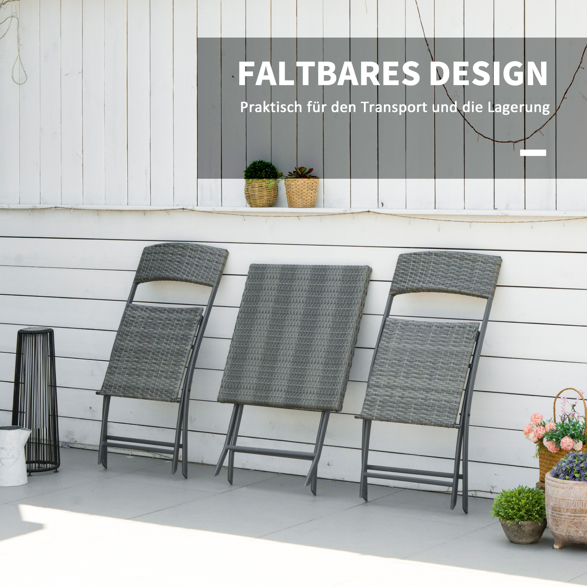 Polyrattan Bistroset für 2 Personen Sitzgruppe Rattan Gartenmöbel Set Garnitur Grau