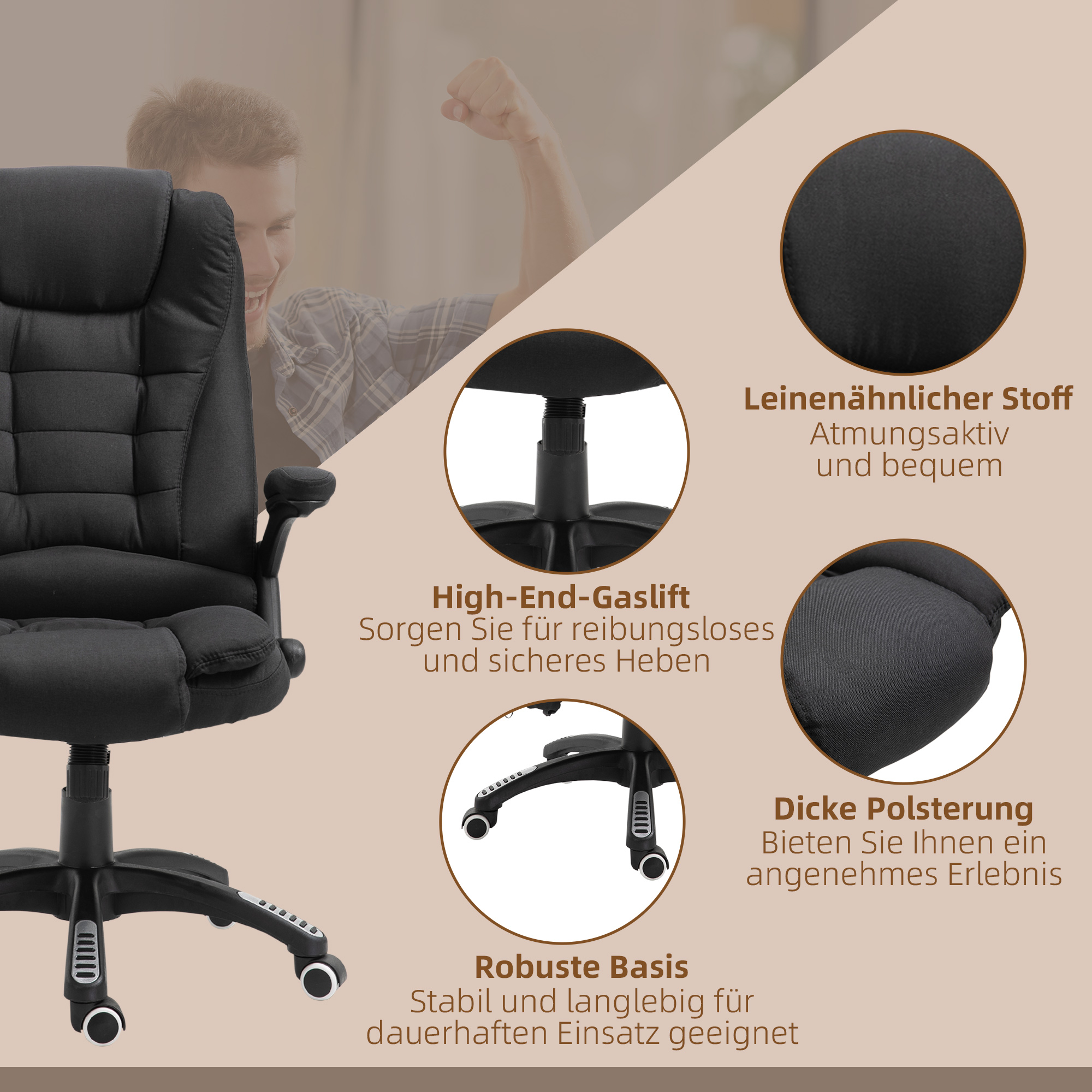 Bürostuhl mit Vibrationsmassage, Ergonomisch Schreibtischstuhl mit Heiz-, Liegefunktion, Höhenverstellbar Chefsessel mit Fernbedienung, Seitentasche, Leinenoptik, Schwarz