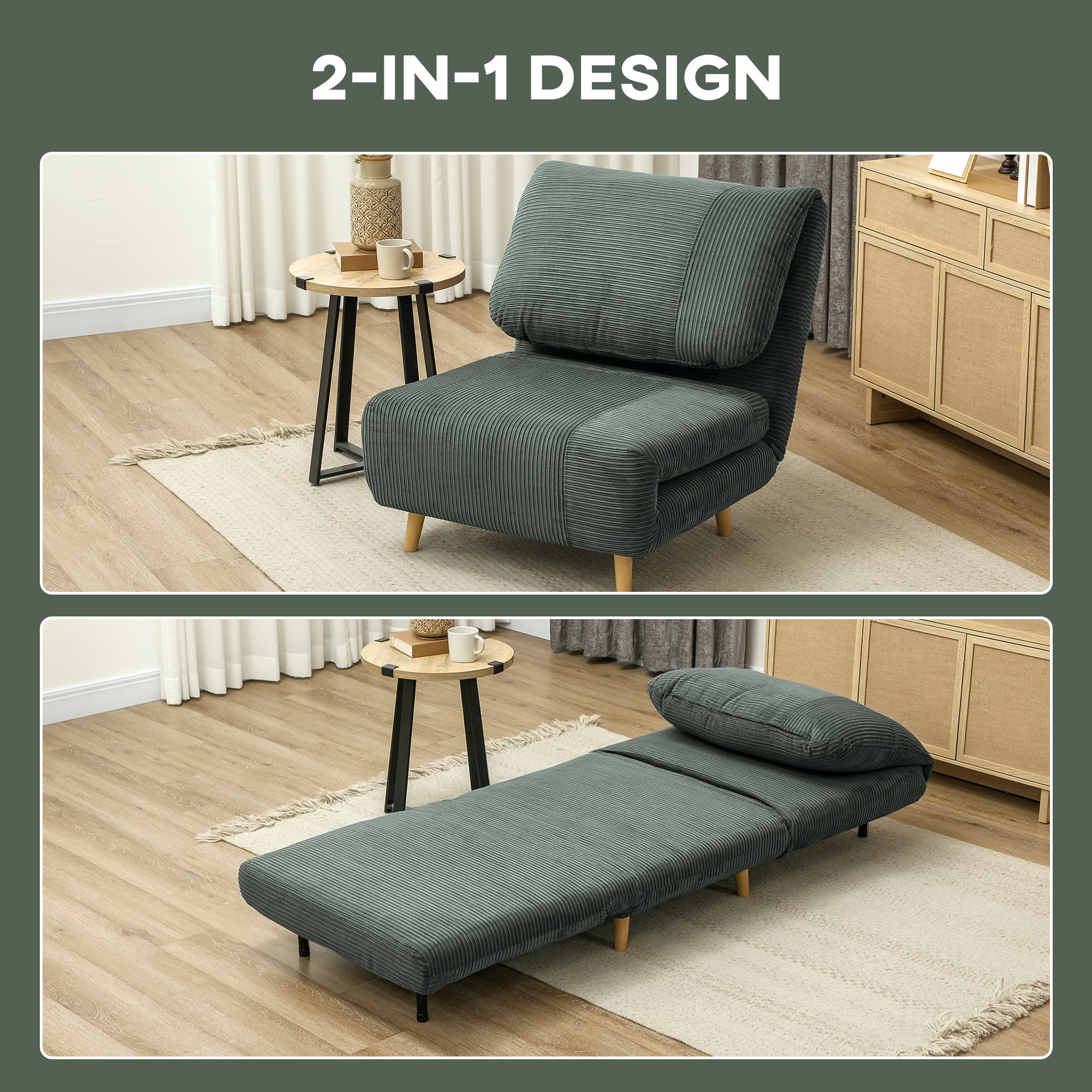2-in-1 Schlafsessel Gästebett, verstellbare  Kopfstütze Cord-Optik 82 cm x 87 cm x 89 cm Grün