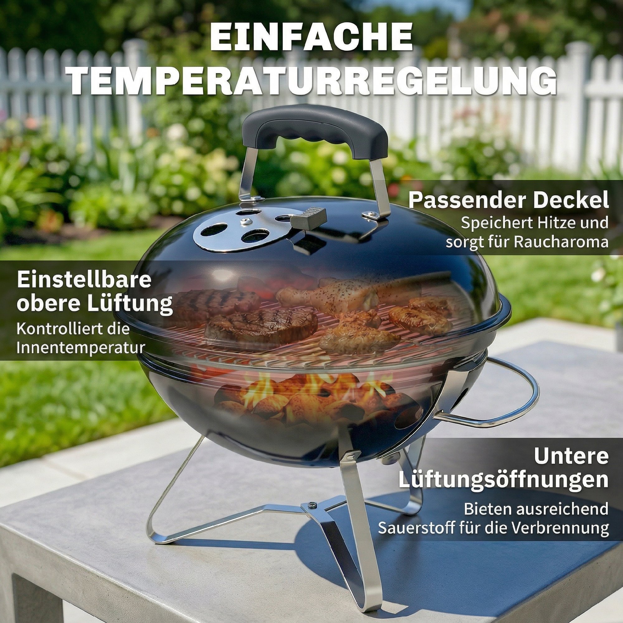 Holzkohlegrill, tragbarer Kugelgrill mit Deckel, Griff verstellbaren Lüftungsschlitzen für Barbeque 41x41x44 cm Schwarz