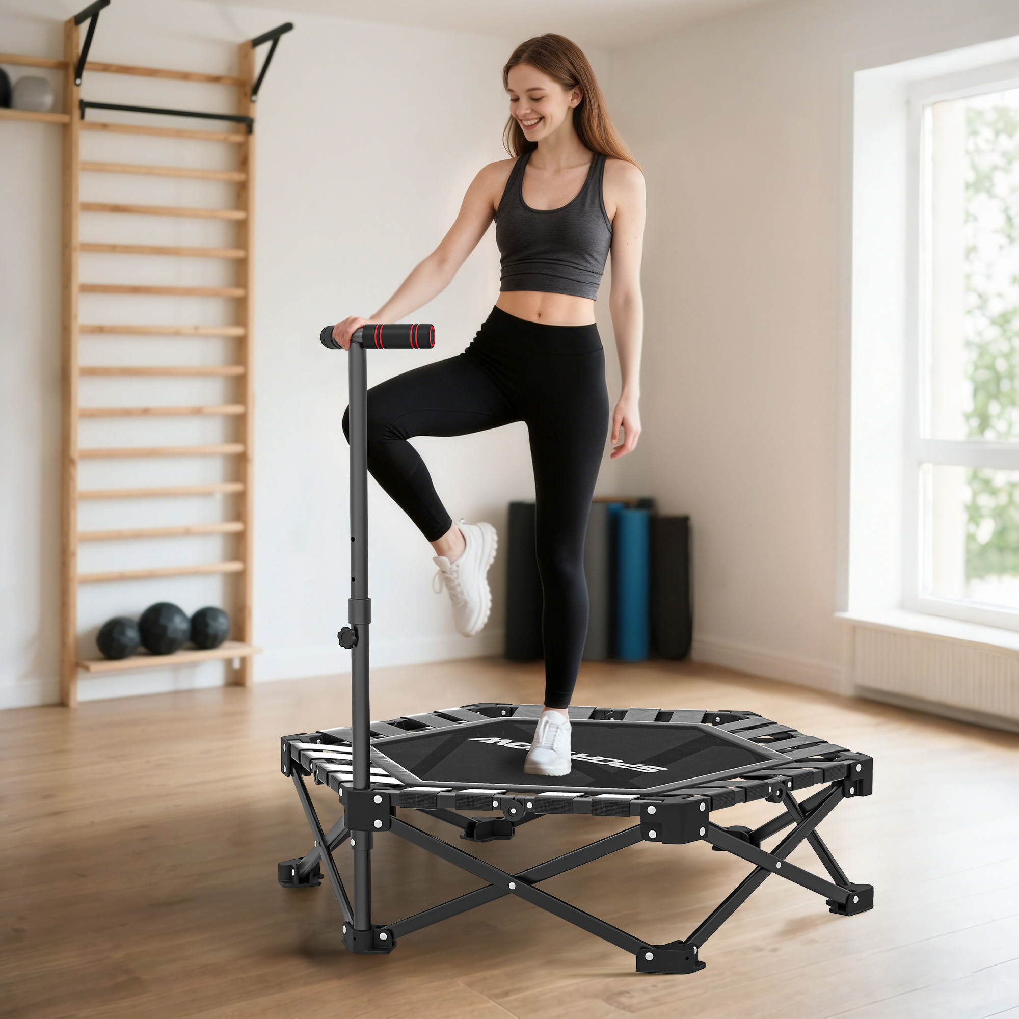 Fitness-Trampolin mit verstellbarem T-Griff, faltbar, Tragetasche, 120 kg Belastbarkeit, Stahl, Kunststoff, Schwarz