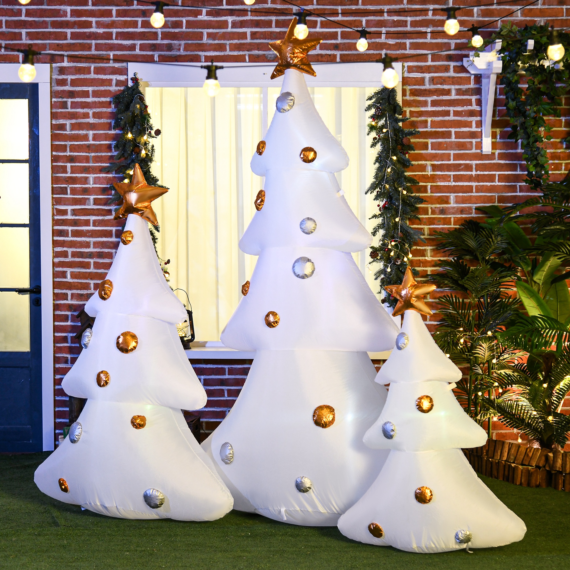 3er-Set aufblasbare Weihnachtsbäume, inkl. Gebläse, In- und Outdoor, inkl. Befestigungsmaterial, Weiß+Gold