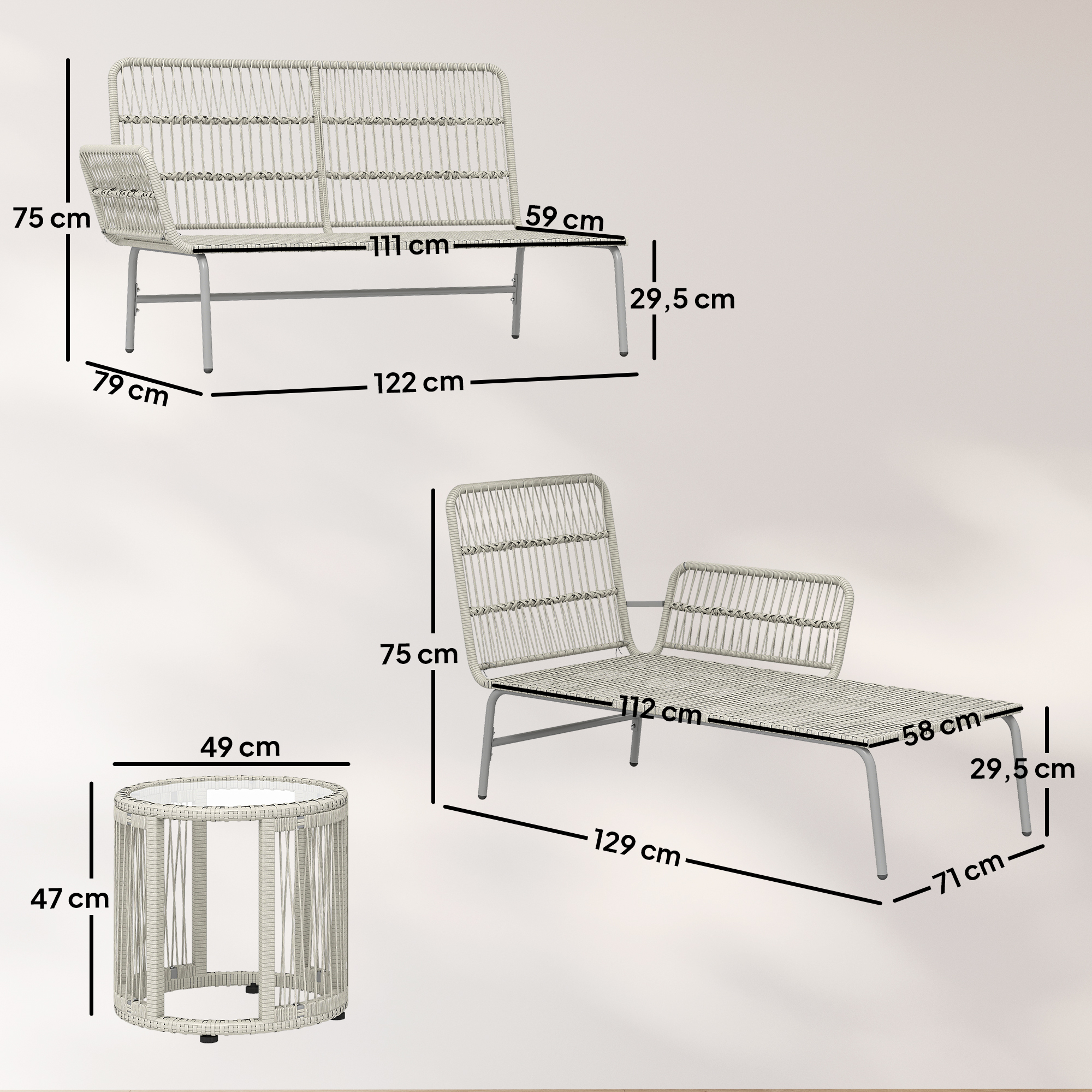 Polyrattan Gartenmöbel Set 3-teilig mit Sonnenliege Zweisitzersofa Couchtisch abnehmbar Kissen Hellgrau