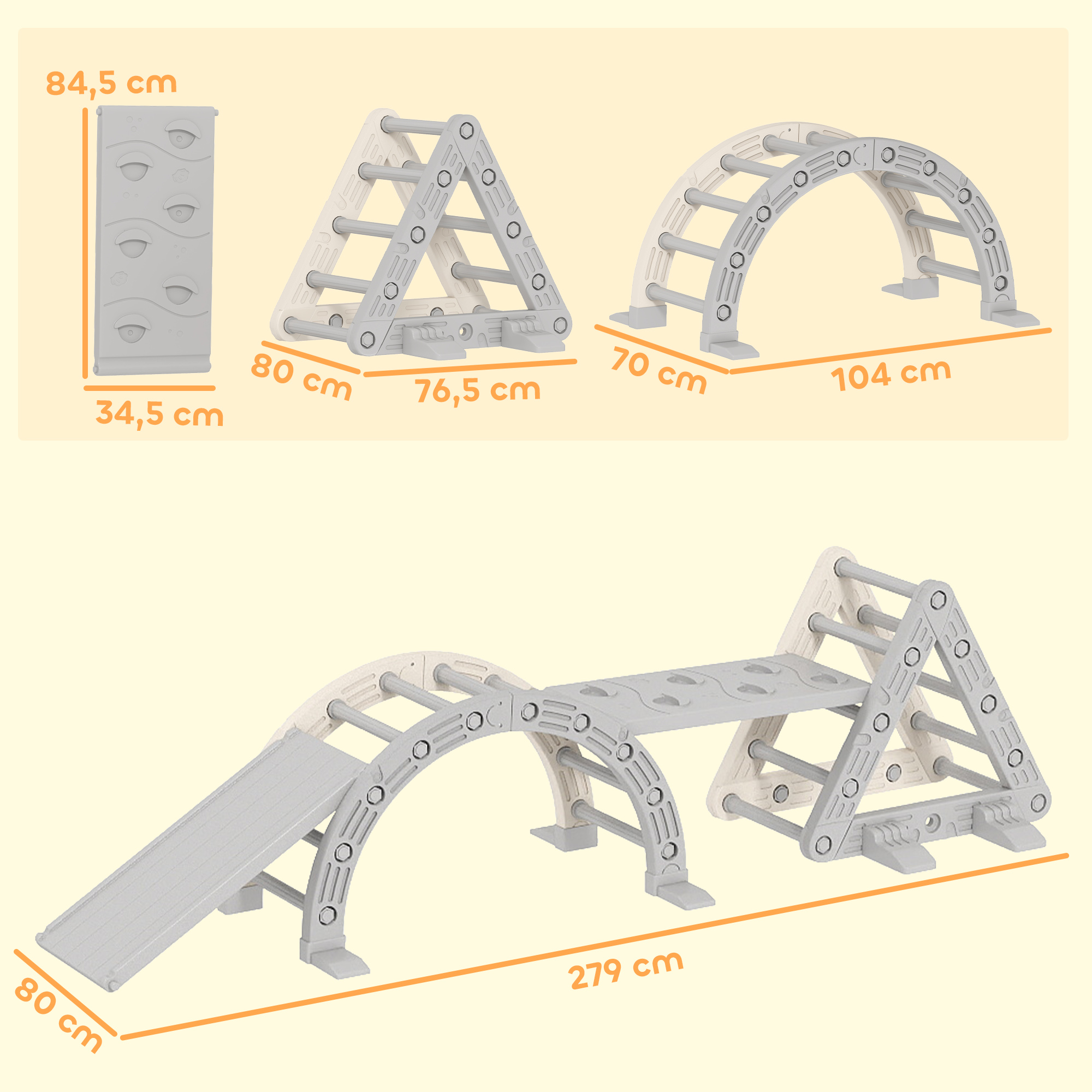 Klettergerüst Indoor, 5 in 1 Kletterdreieck mit Rutsche, Kletterbogen, inkl. doppelseitige Rampe, Spielplatz Indoor für Kinder 18-48 Monate, Grau+Weiß