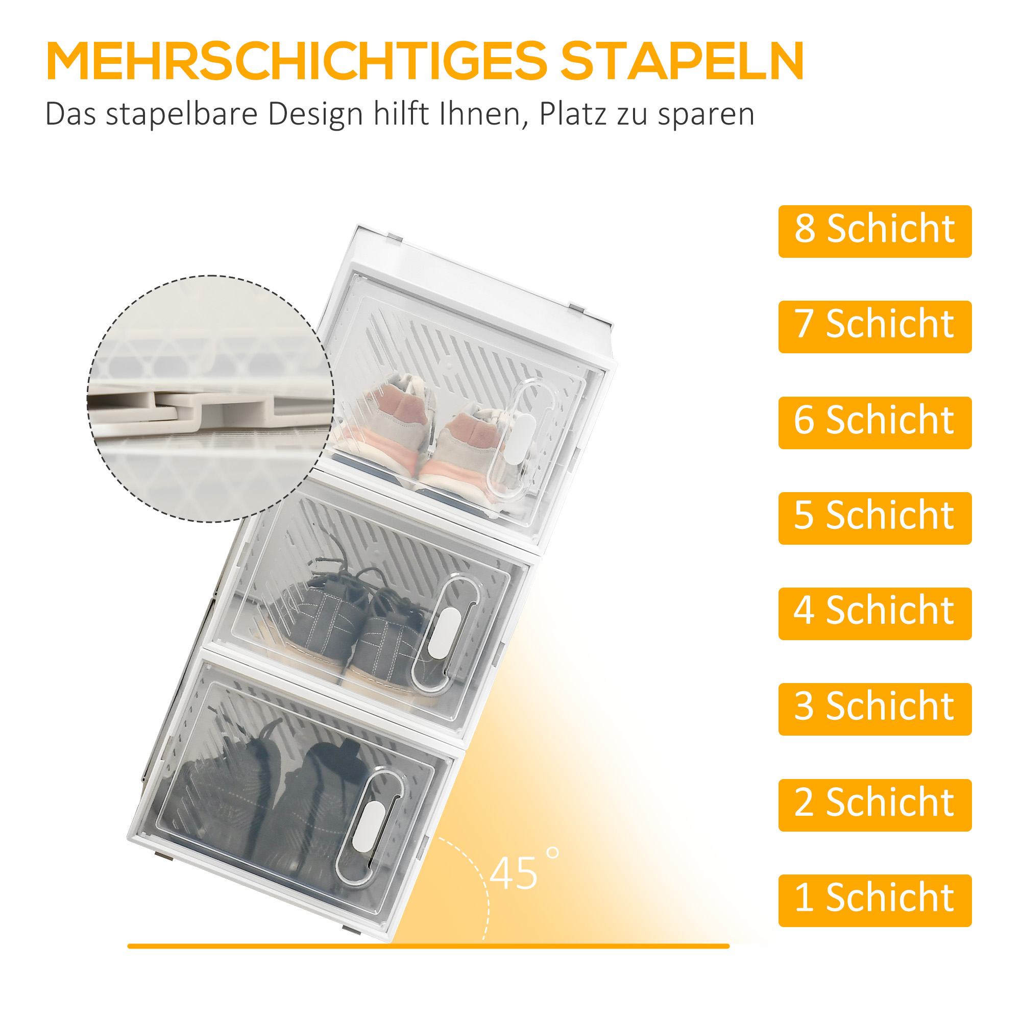 8-teiliges Schuhregal, stapelbare Schuhboxen für Schuhe bis Größe 46, magnetische Türen, Kunststoff, 28 x 36 x 21 cm